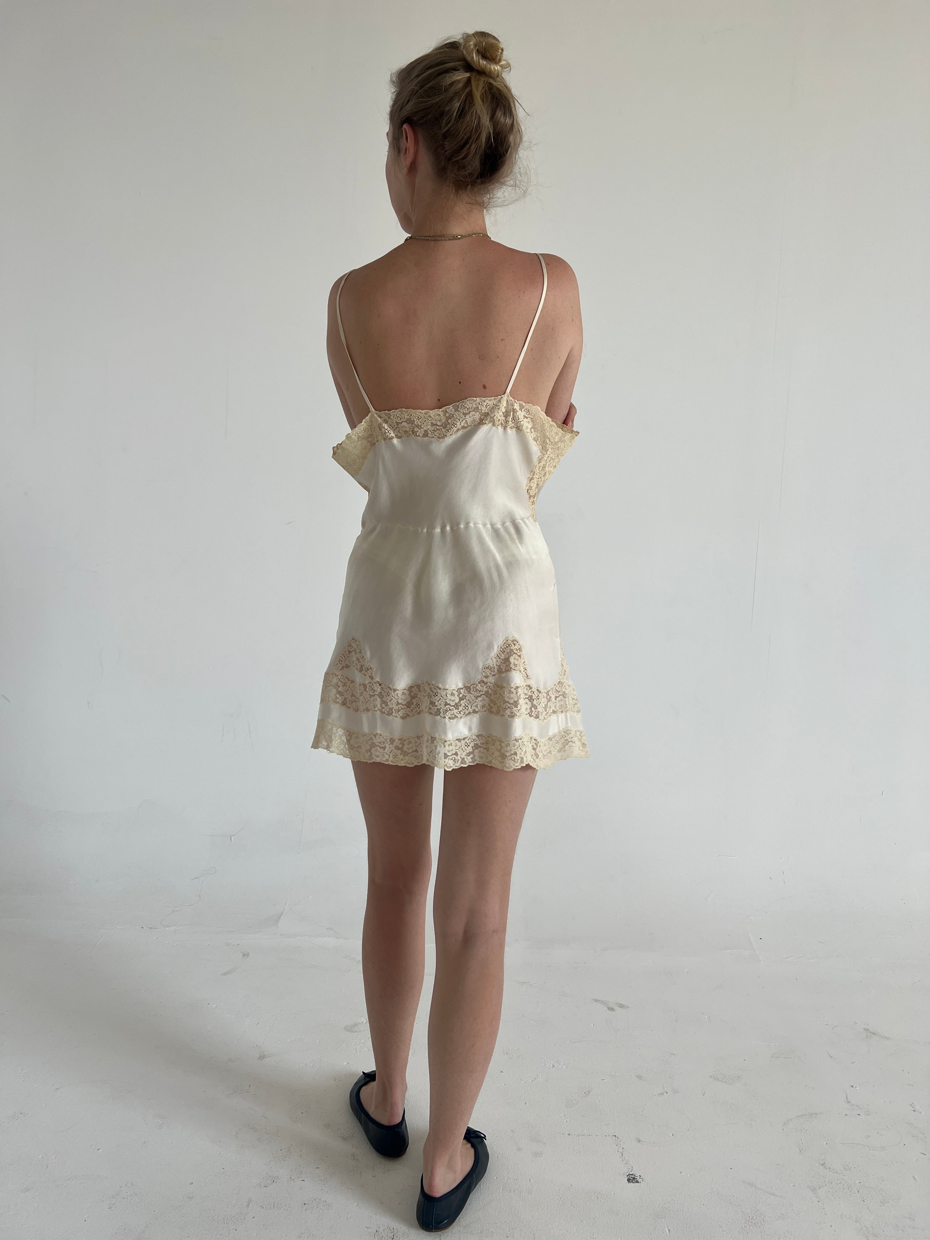 cream mini slip dress Women's Cream Satin Lace Trim Detail Mini Dress