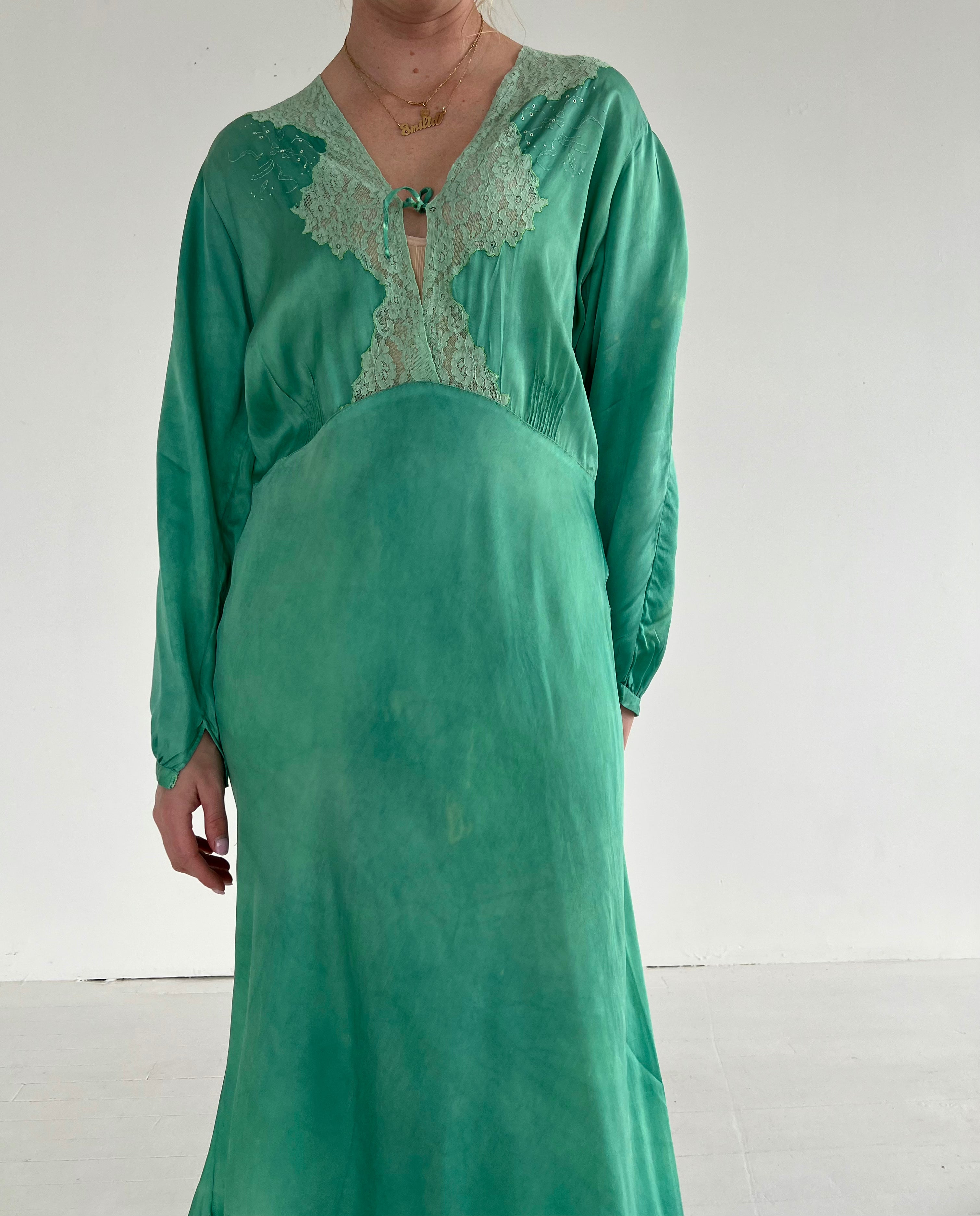 Hand Dyed Forest Green Silk Long Sleeve Dress
