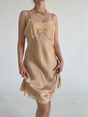 1930's Latte Silk Slip with Bow Embroidery