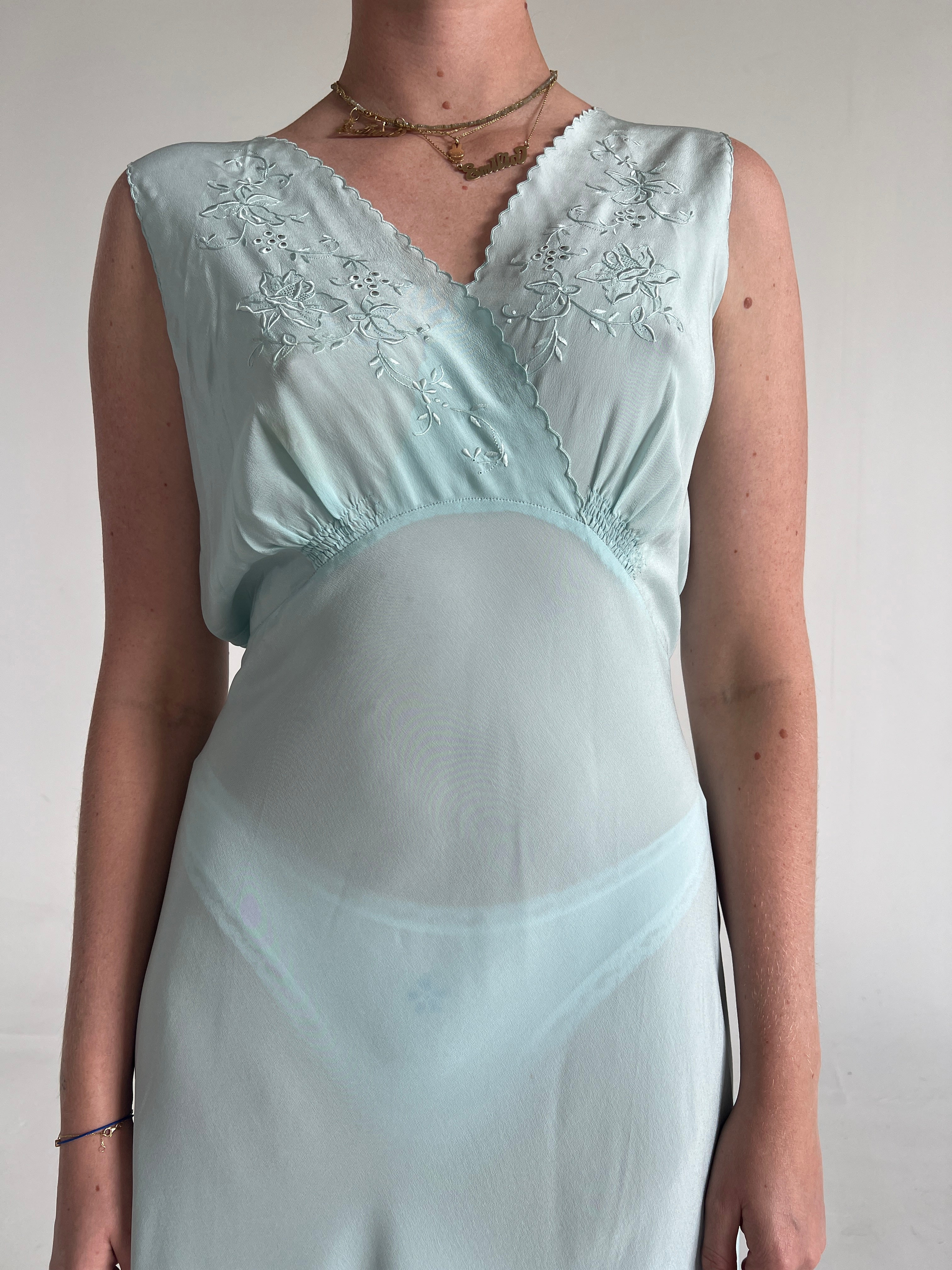 1950's Blue Silk Slip Dress With Embroidery Eveliina Vintage 1950's Blue Silk Slip Dress With Embroidery Eveliina Vintage