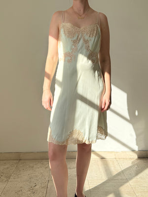 1940's Pale Aqua Silk Slip with Cream Lace