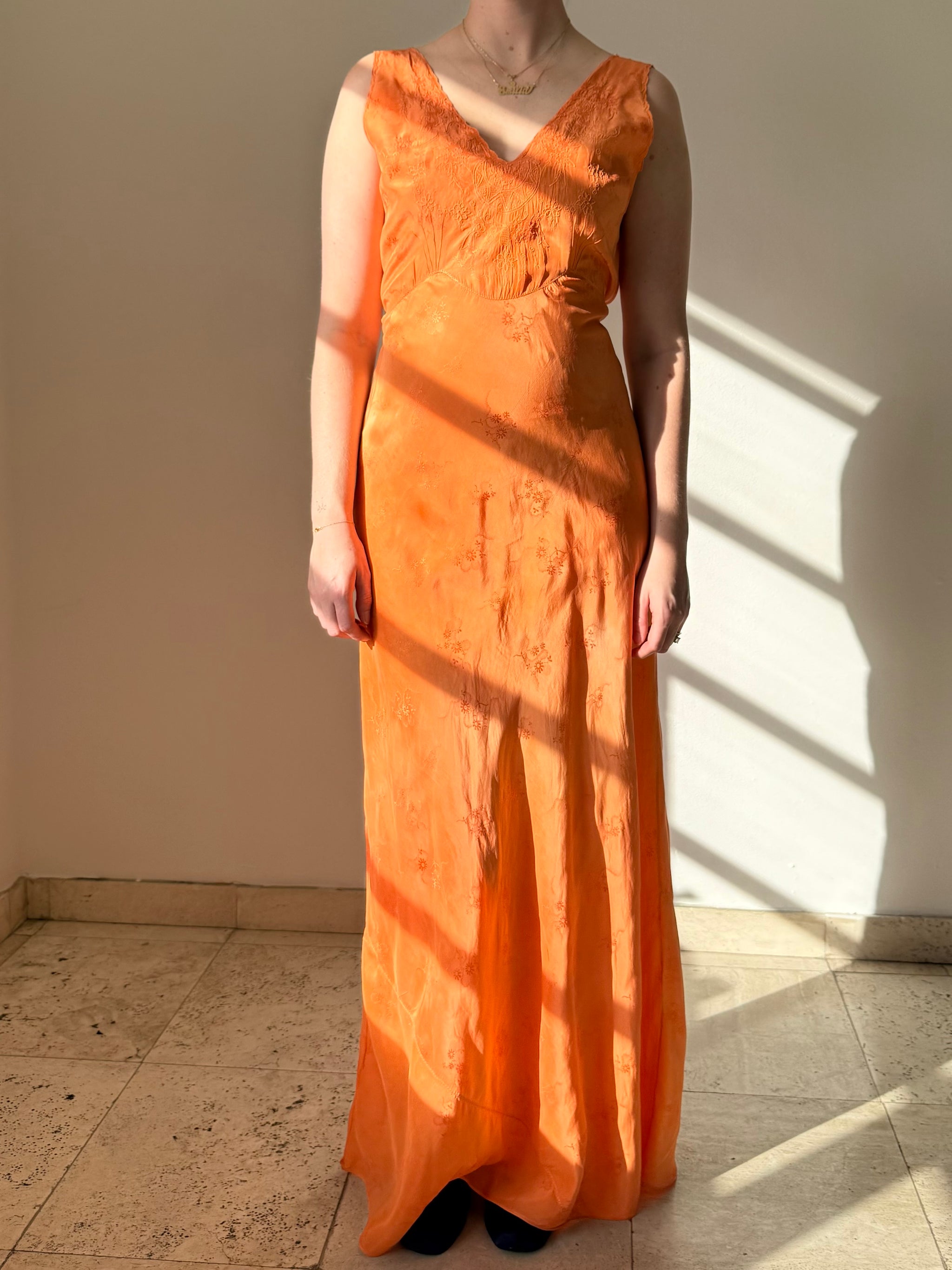 orange silk slip dress Bright Orange Silk Slip Midi Dress, Cowl Neck, Open Back