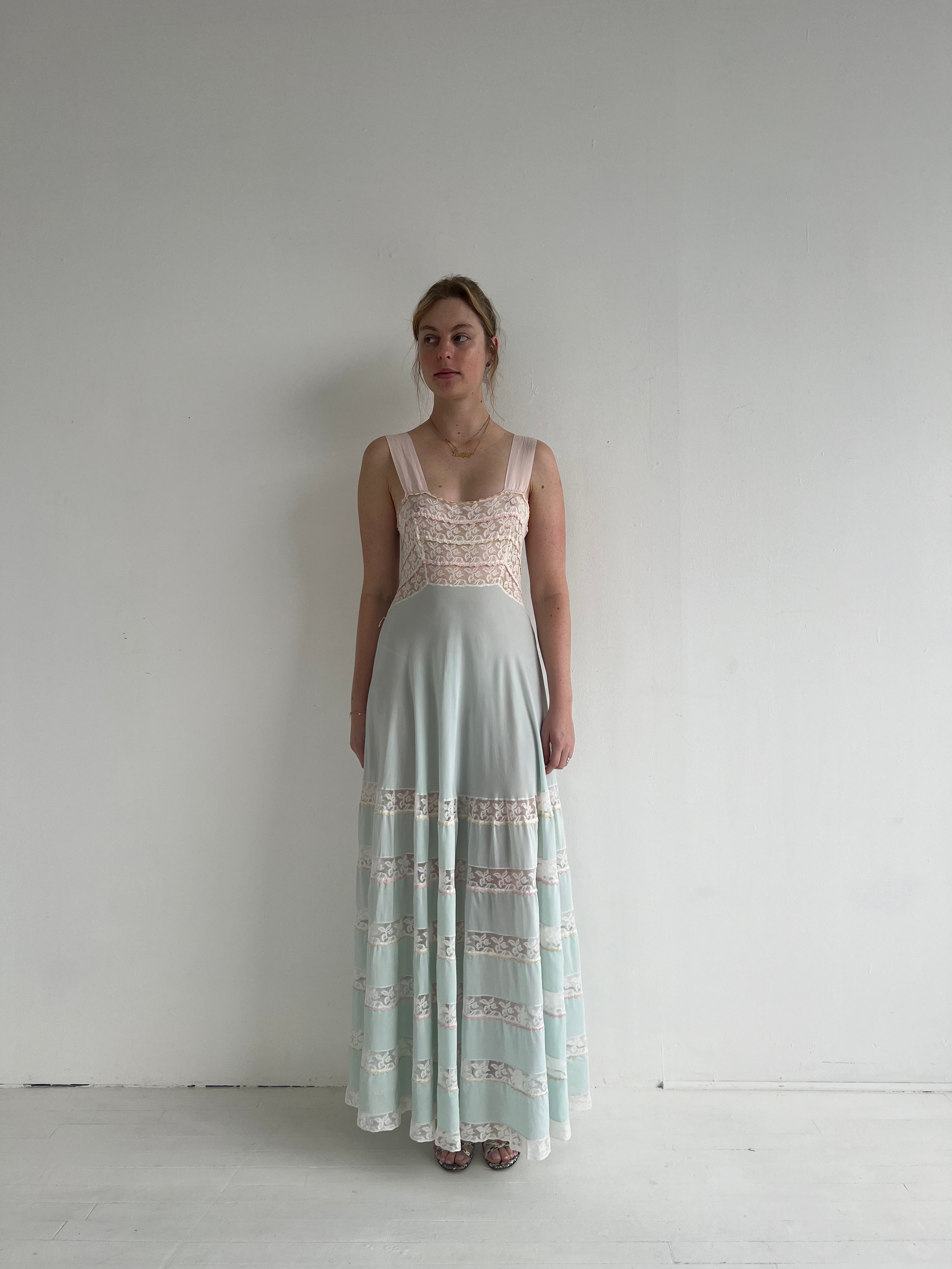 1930's Aqua Silk Dress with White Lace Eveliina Vintage 1930's Aqua Silk Dress with White Lace Eveliina Vintage