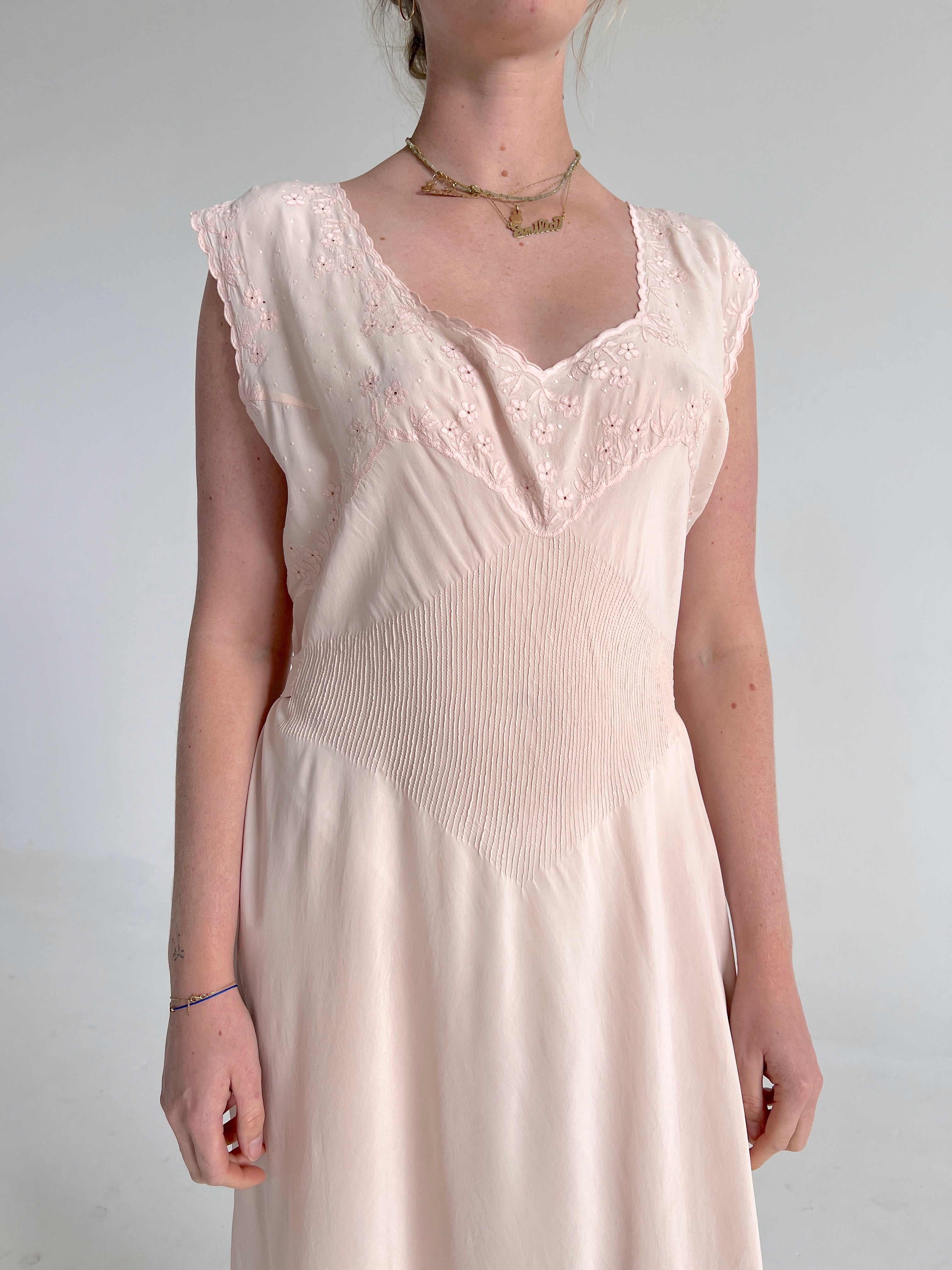 Hand Made 1930's Pale Pink Floral Embroidered Silk Slip Dress Eveliina Vintage Hand Made 1930's Pale Pink Floral Embroidered Silk Slip Dress Eveliina Vintage