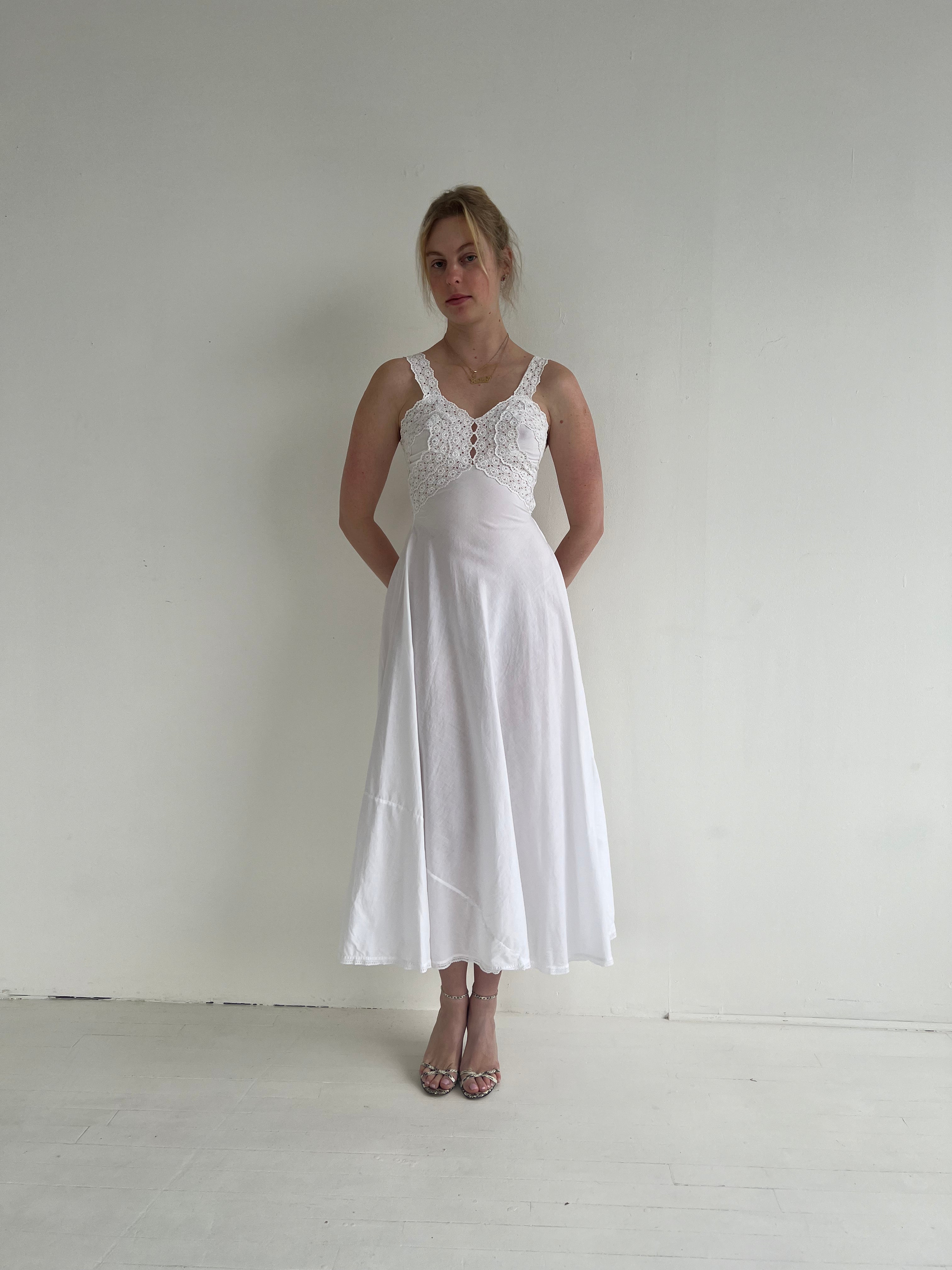 1970's Bridal White Cotton Dress with Lace