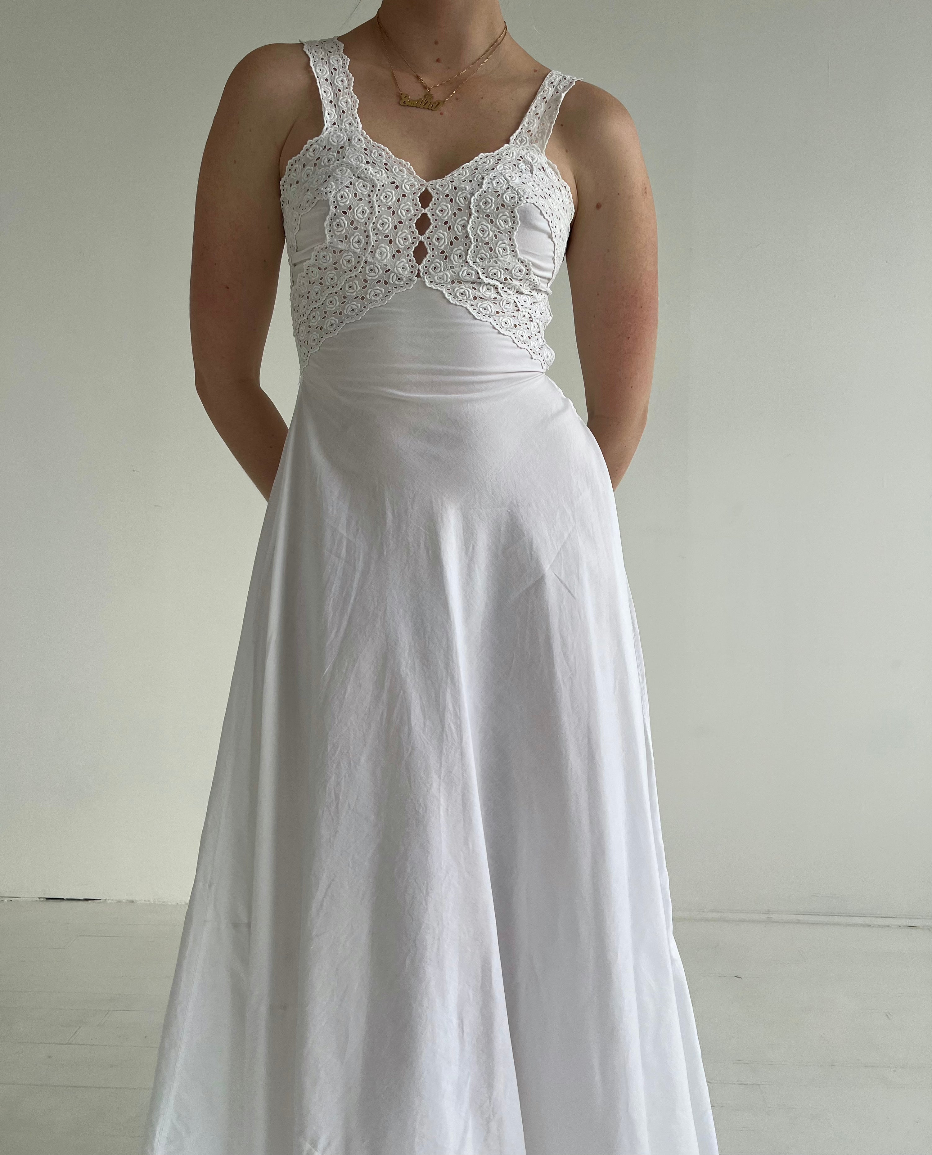 1970's Bridal White Cotton Dress with Lace