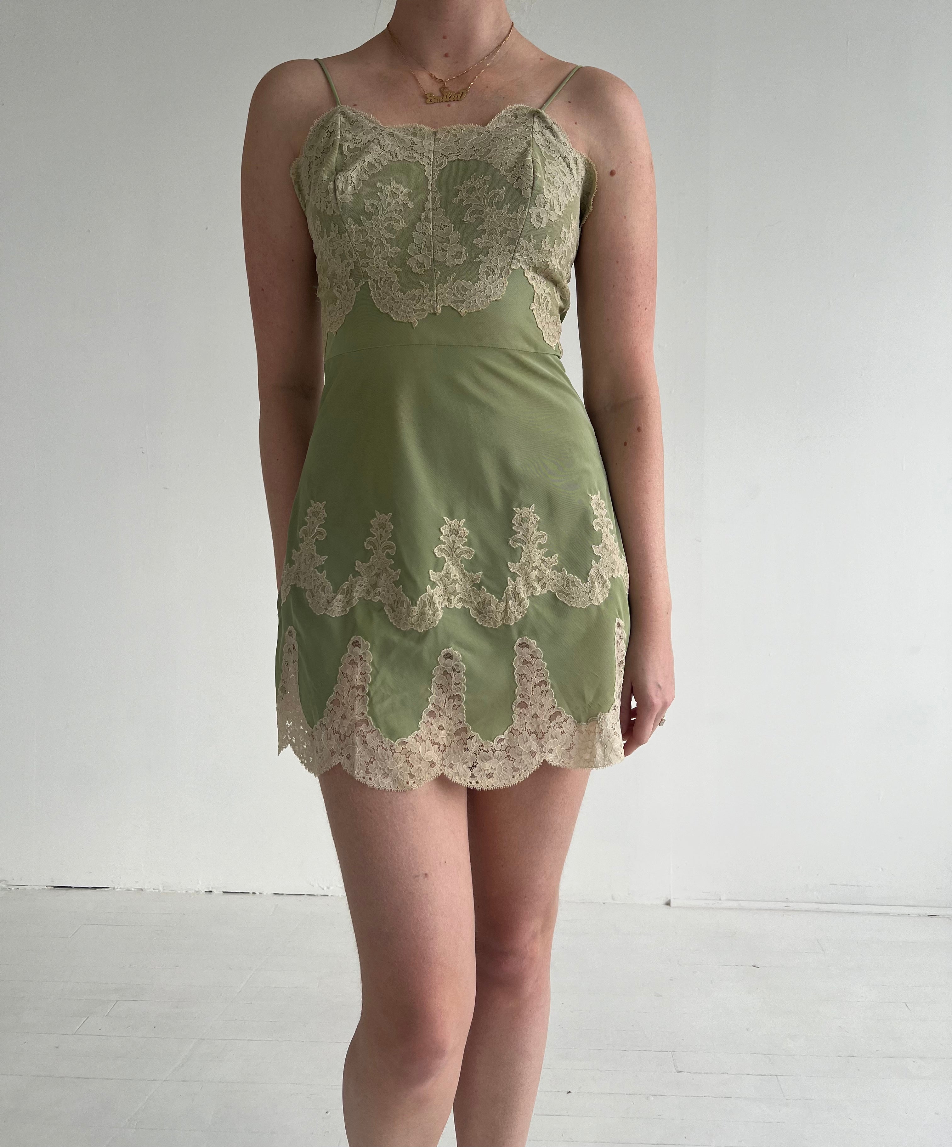 1950's Green Slip Dress with Cream Lace
