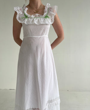 1970's White Cotton Dress with Lace Ruffle