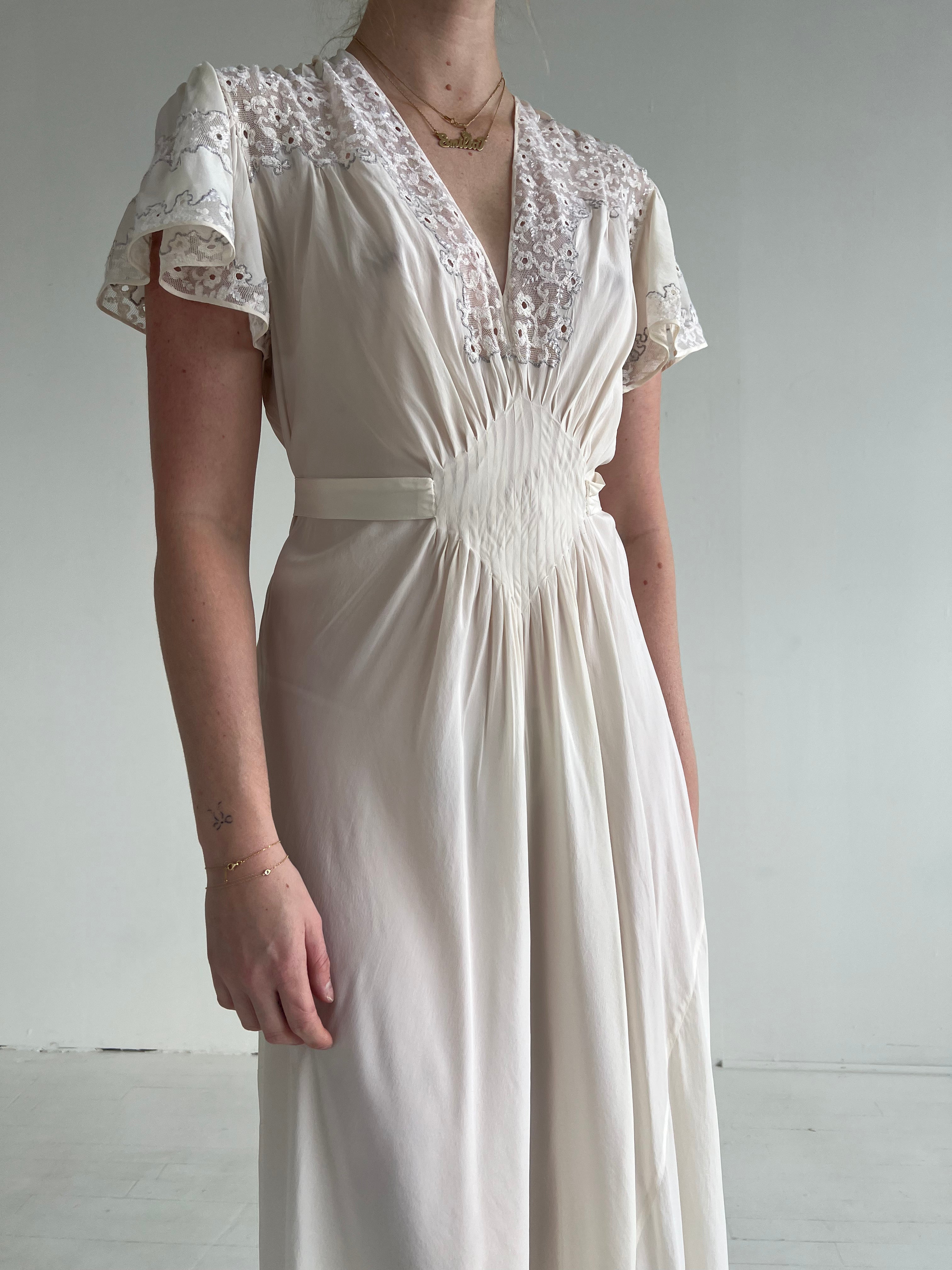 1930's White Silk Dress with Butterfly Sleeve