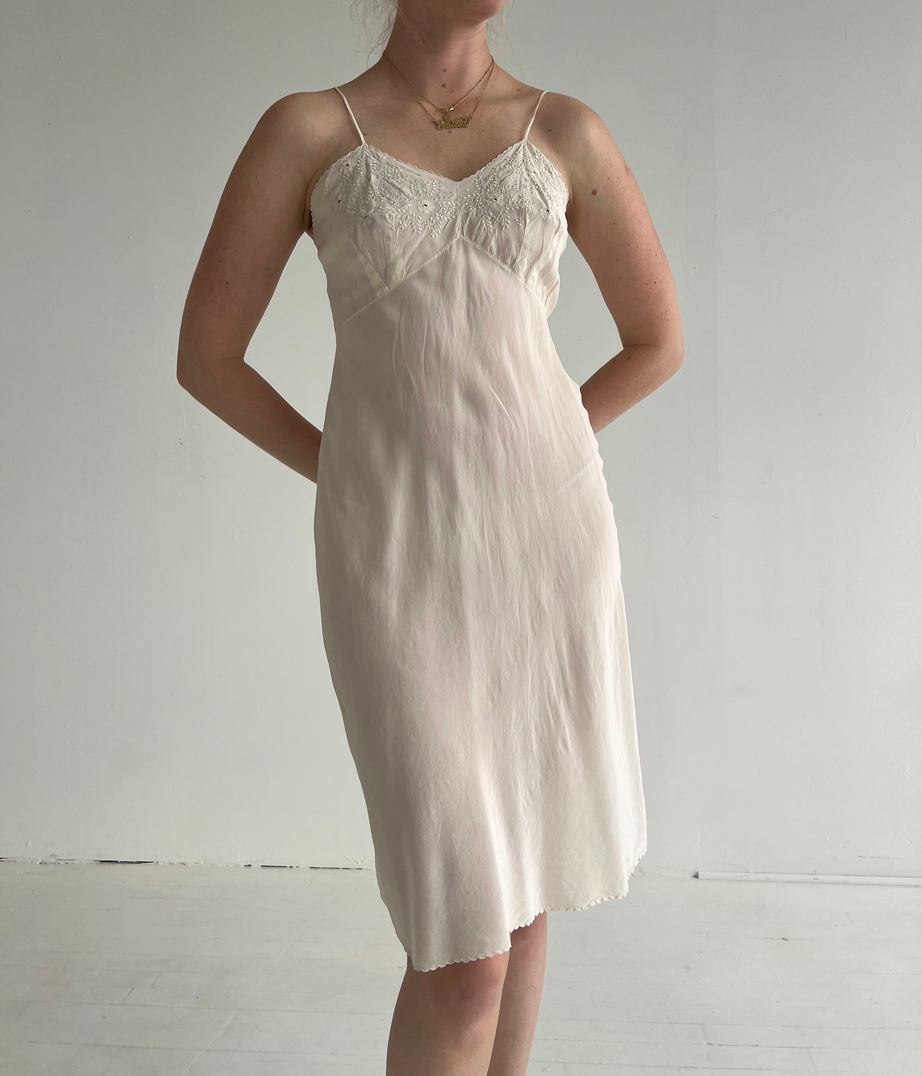 1930's White Silk Slip Dress with Floral Embroidery