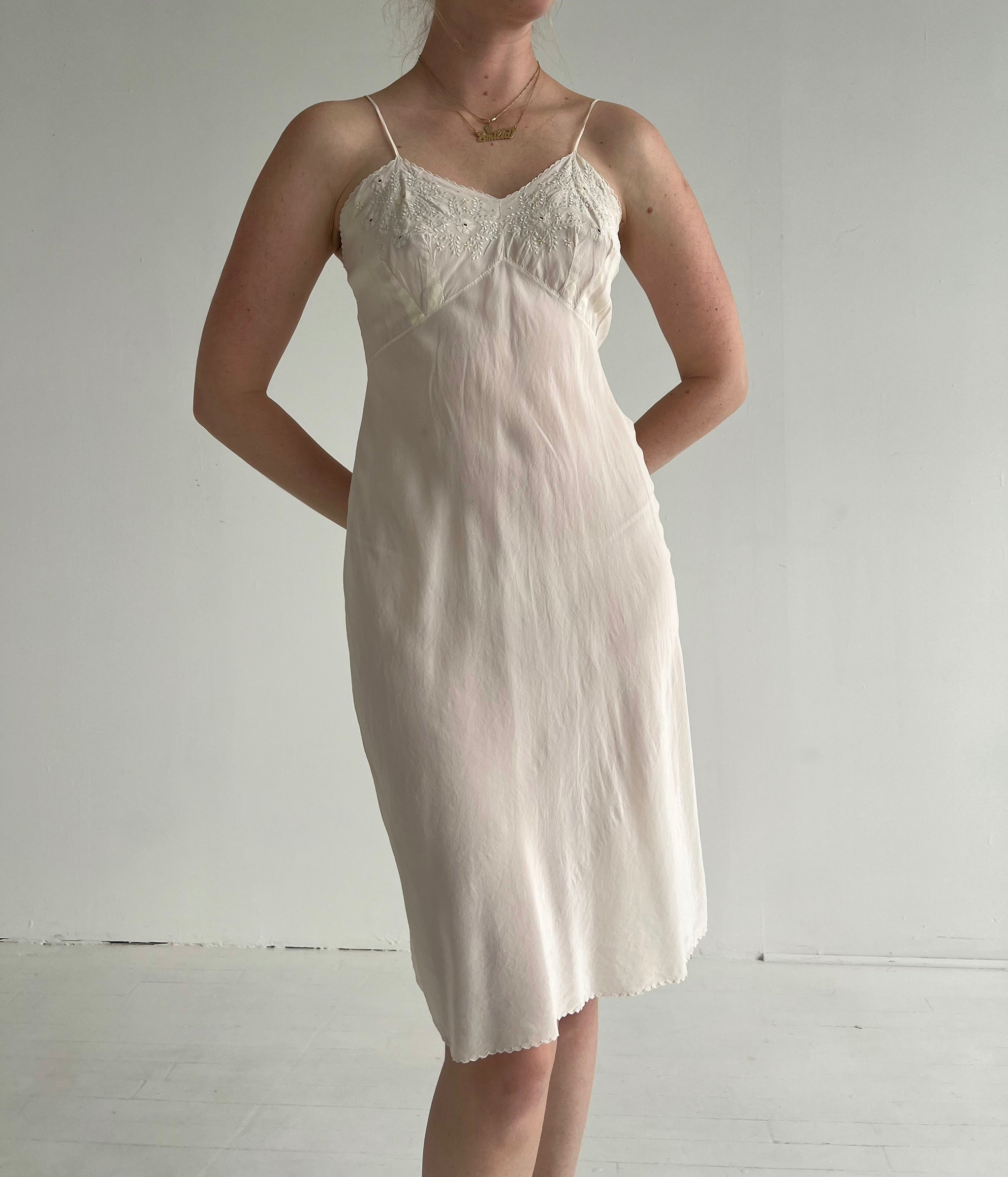 dress white silk 1930's White Silk Slip Dress with Floral Embroidery – Eveliina Vintage