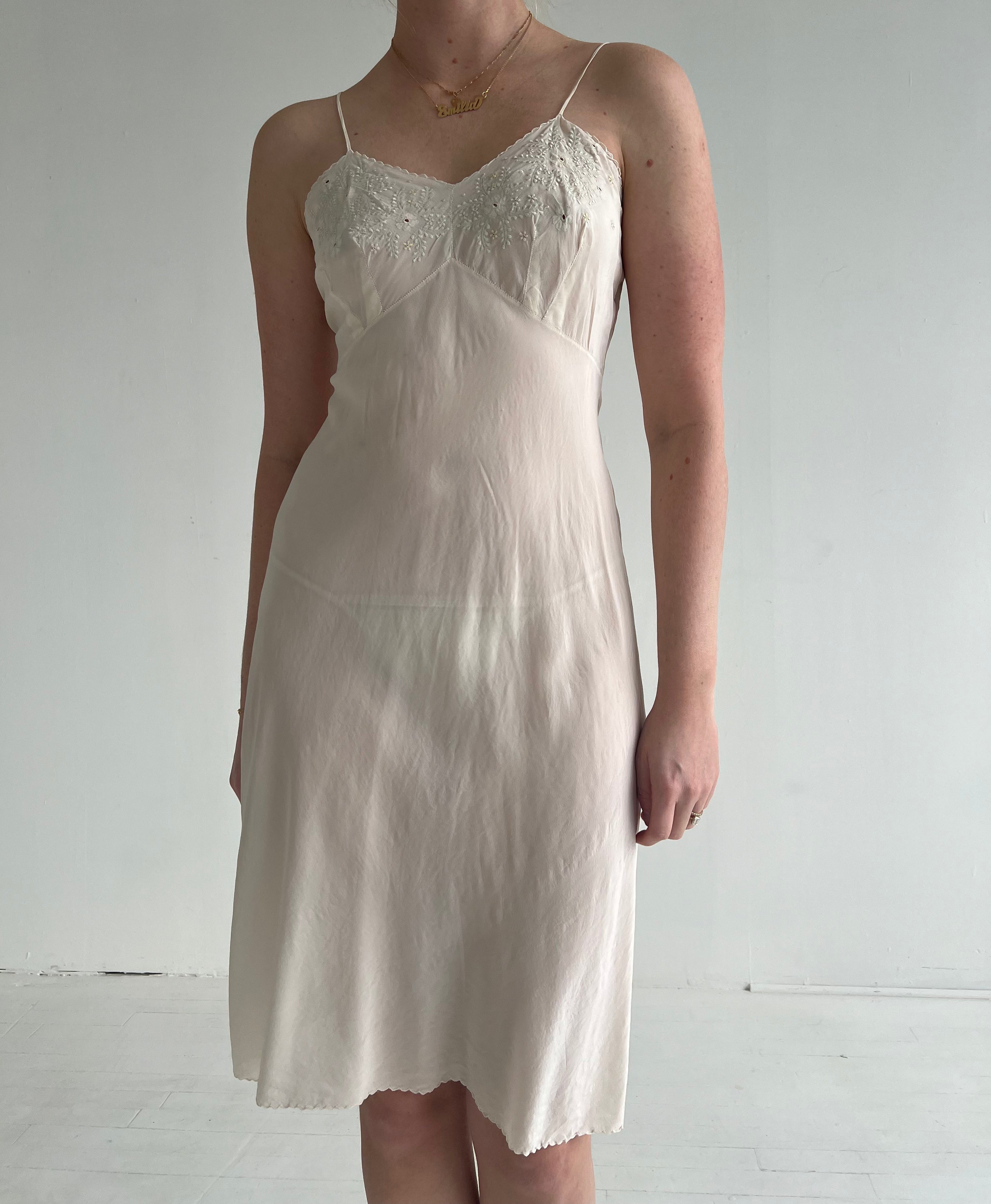 1930's White Silk Slip Dress with Floral Embroidery Eveliina Vintage 1930's White Silk Slip Dress with Floral Embroidery Eveliina Vintage