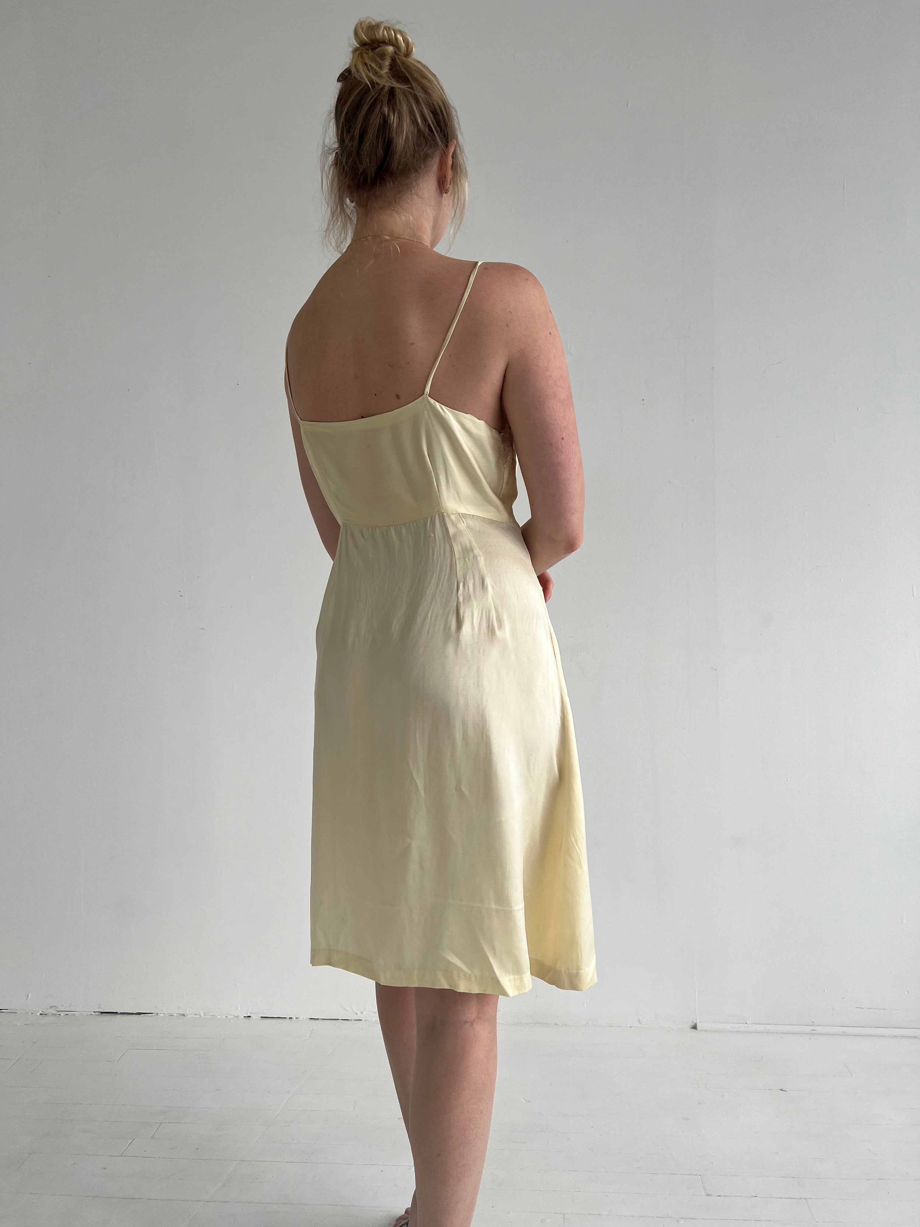 1930's Pale Yellow Silk Slip Dress with Pink Lace