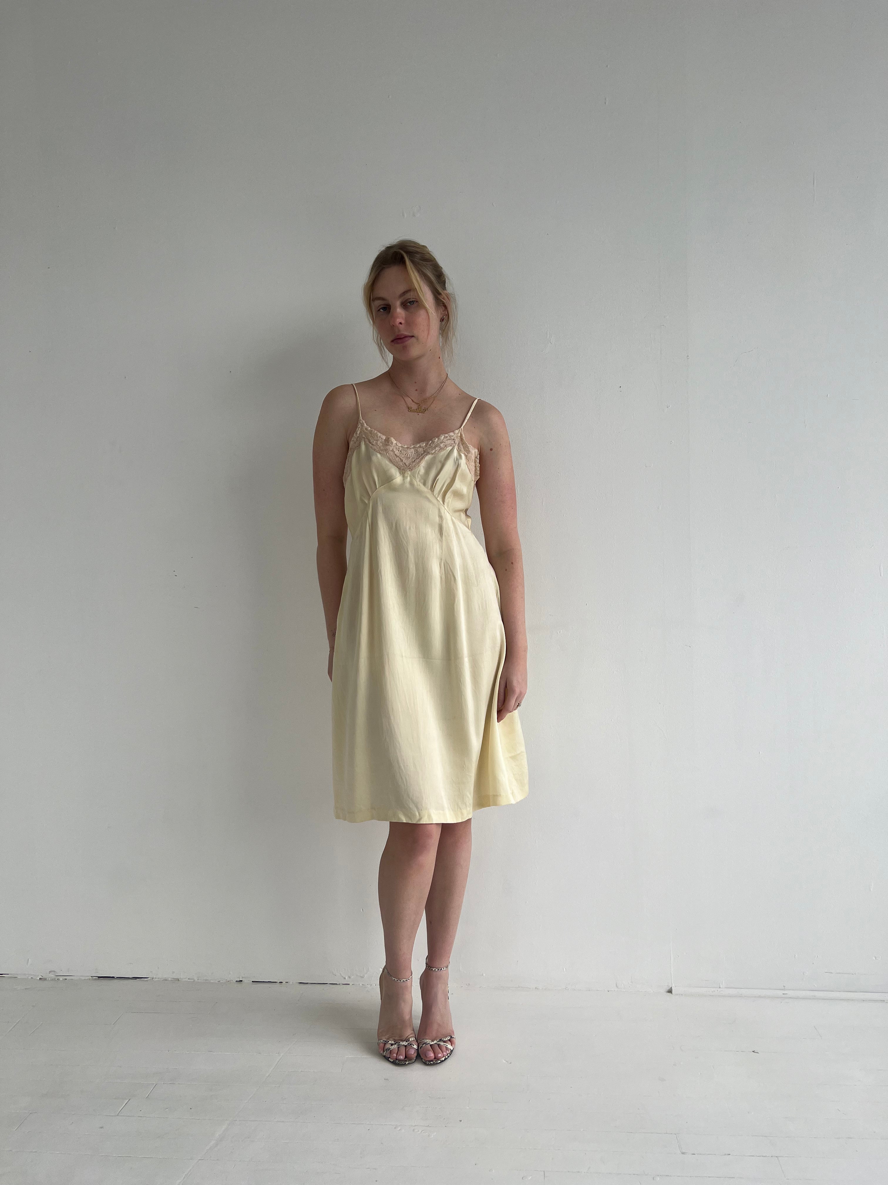 1930's Pale Yellow Silk Slip Dress with Pink Lace
