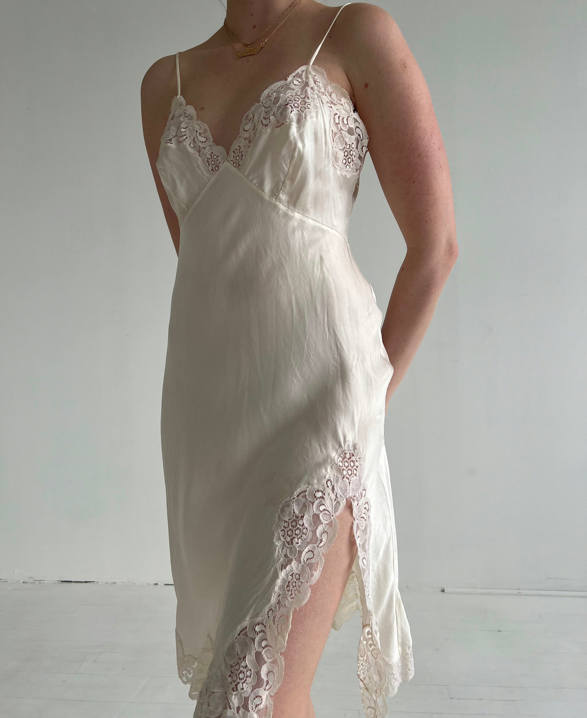 1940's White Silk Slip Dress with Lace Eveliina Vintage 1940's White Silk Slip Dress with Lace Eveliina Vintage