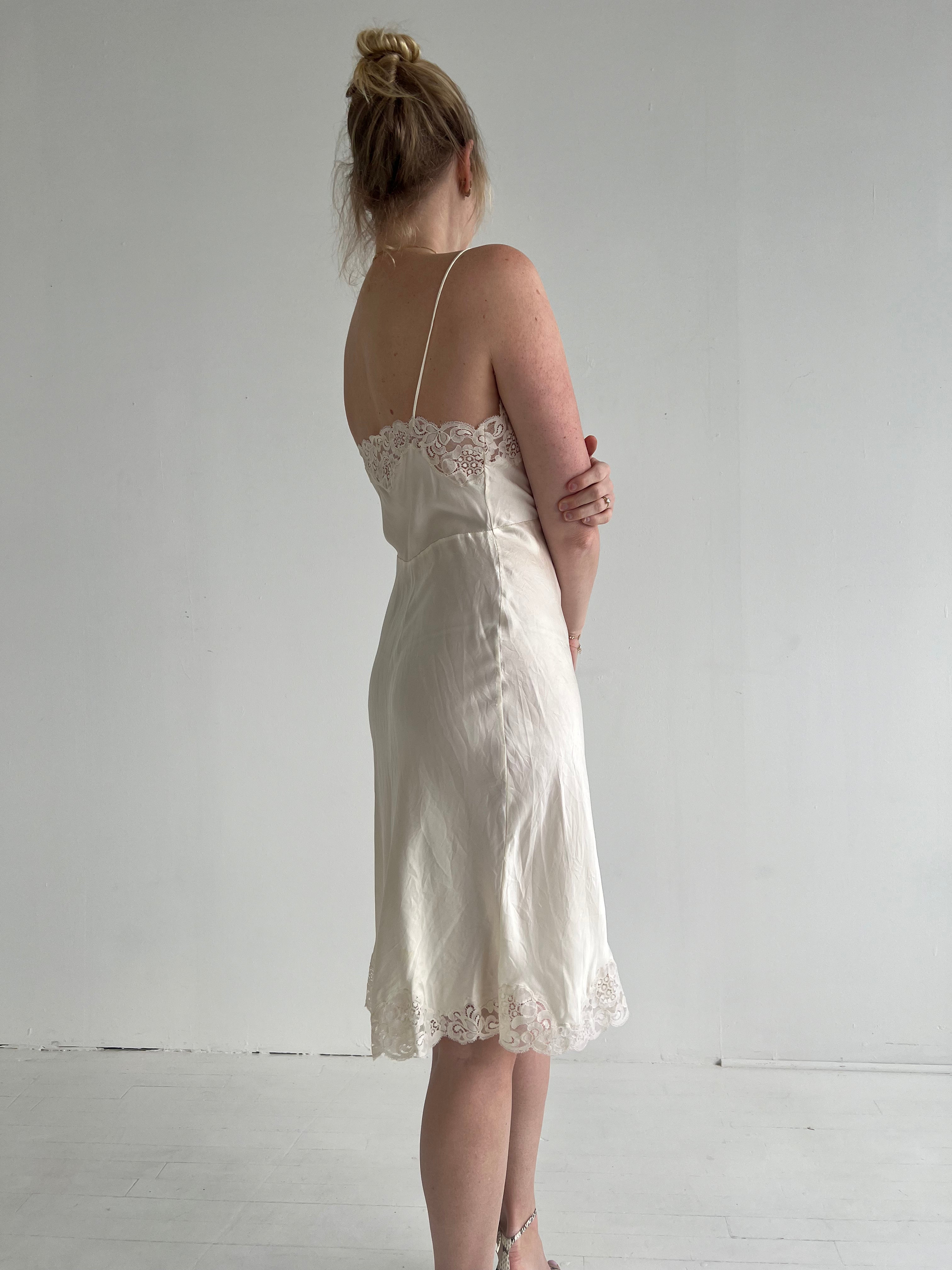 1940's White Silk Slip Dress with Lace