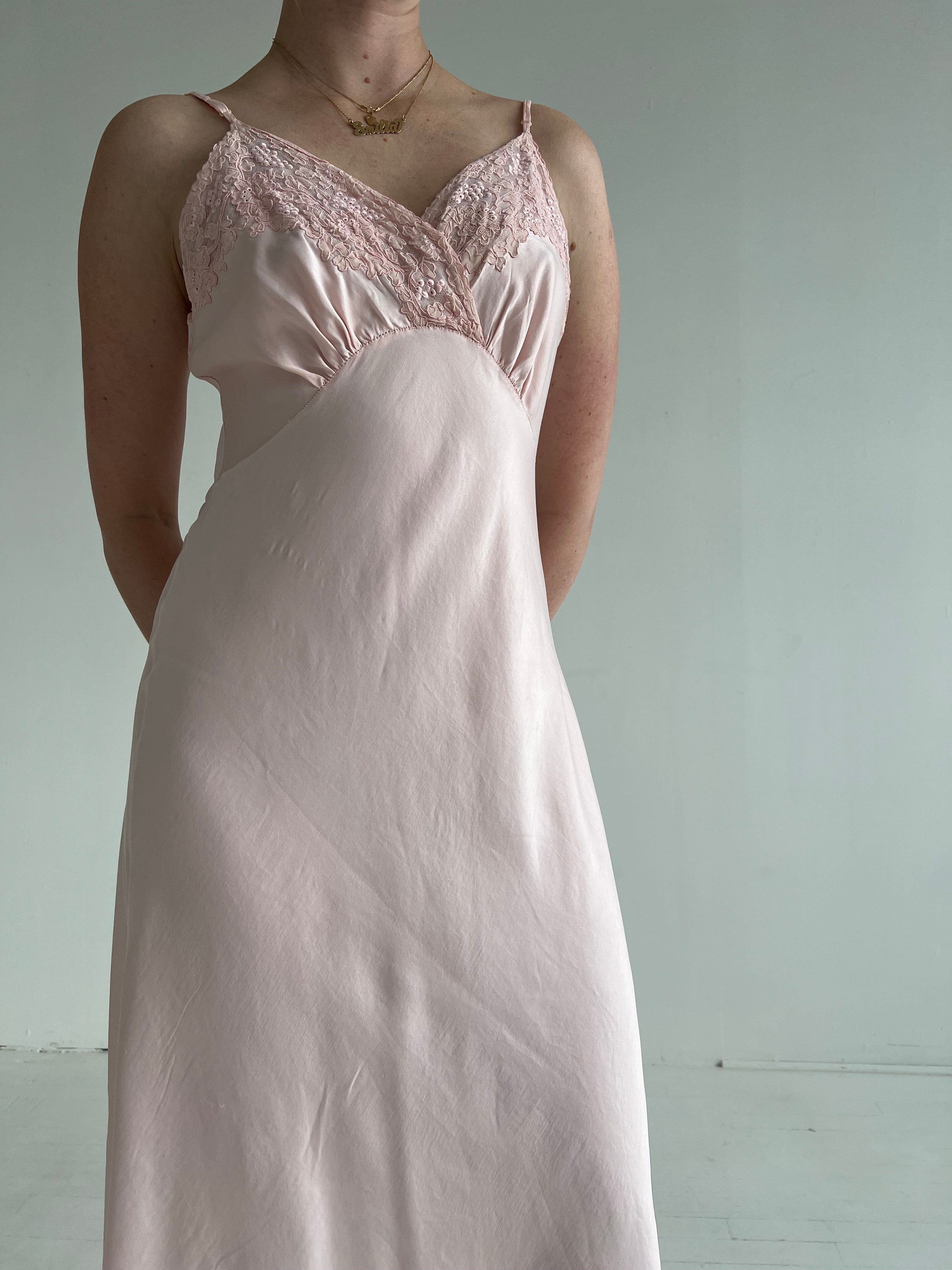 1930's Pink Silk Slip Dress with Embroidery