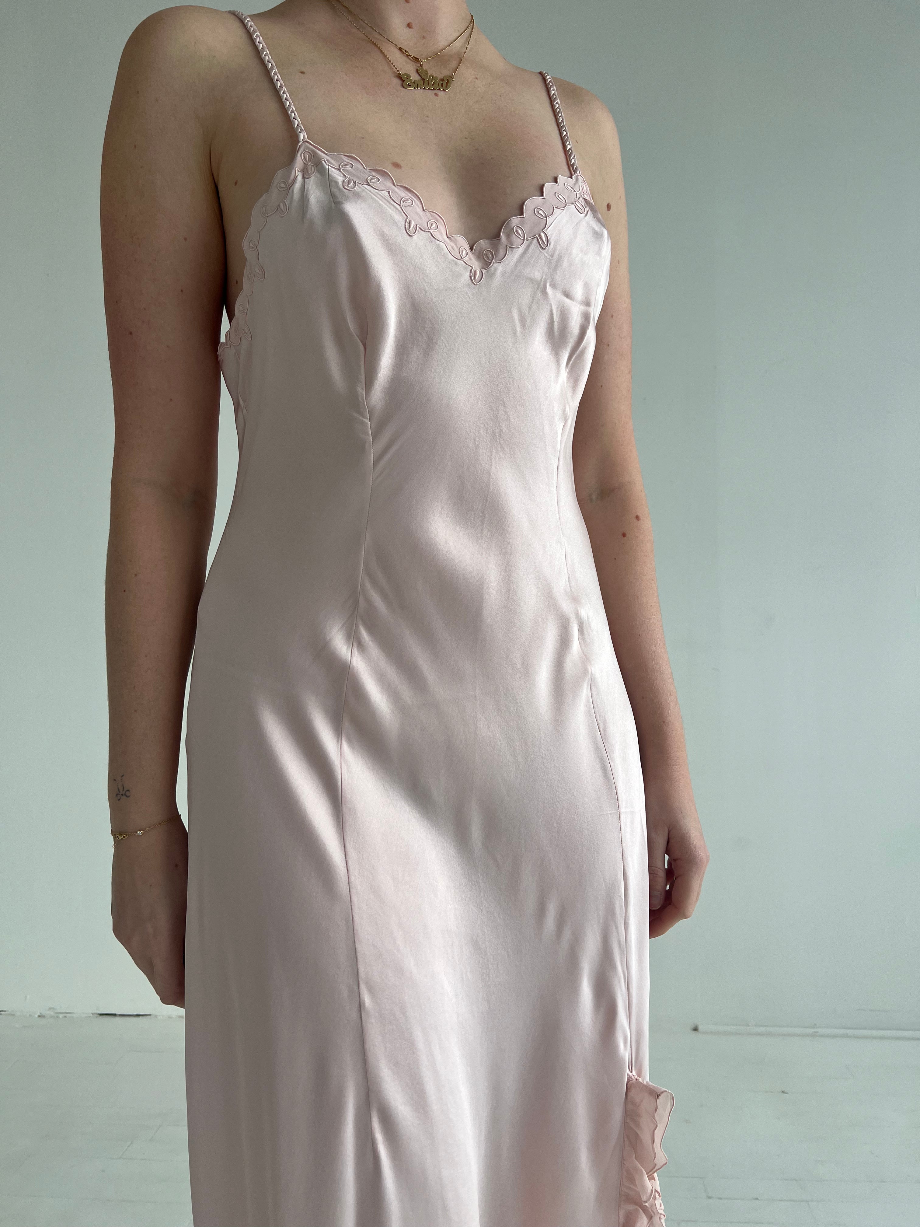 1970's Pale Pink Silk Slip Dress with Ruffle