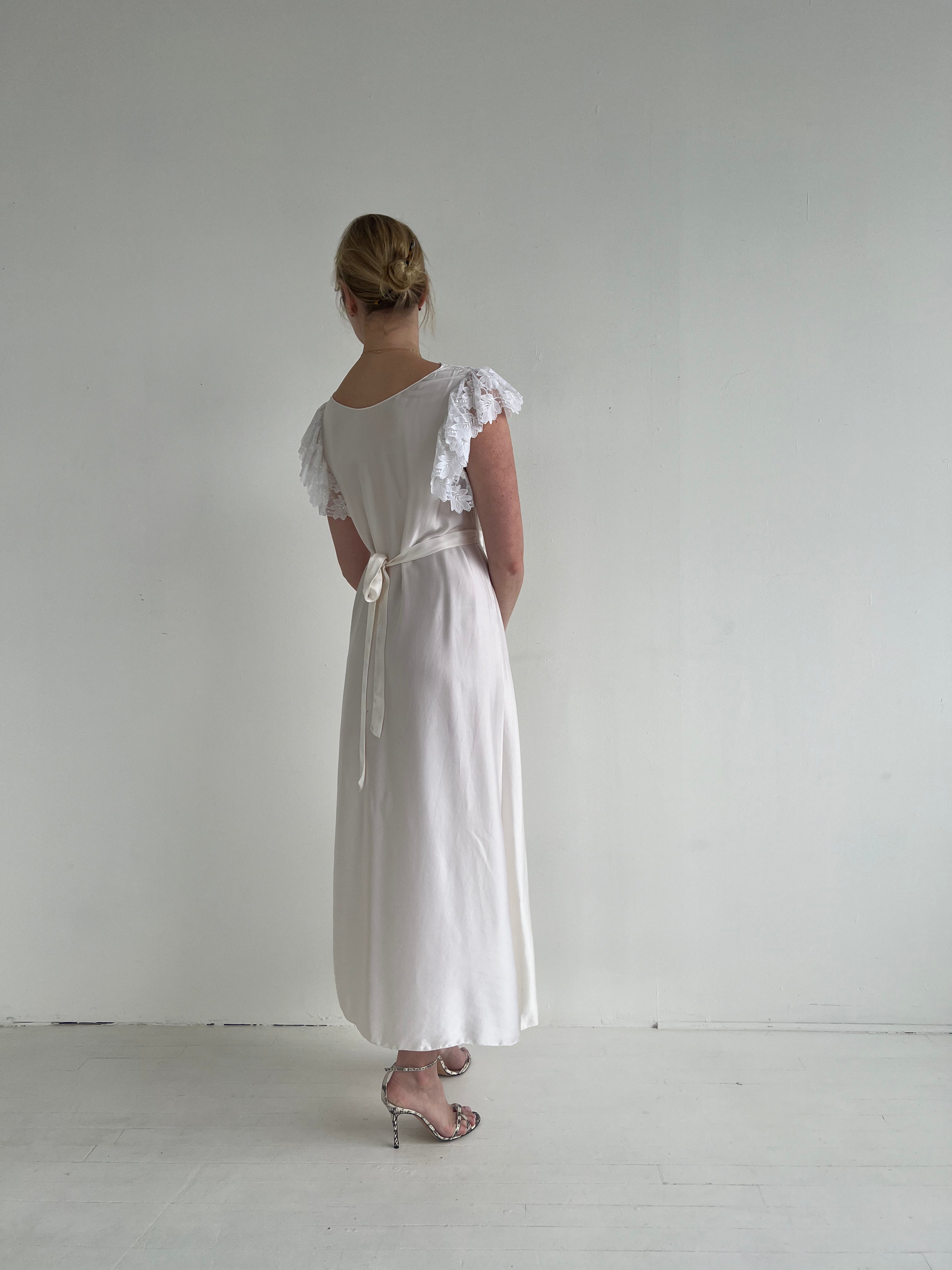 60s white lace dress 60s White Lace Dress Maxi Party Empire Waist Green Ribbon Sheath Prom 1960s Cocktail Short Sleeve Vintage Formal Evening Extra Small XS