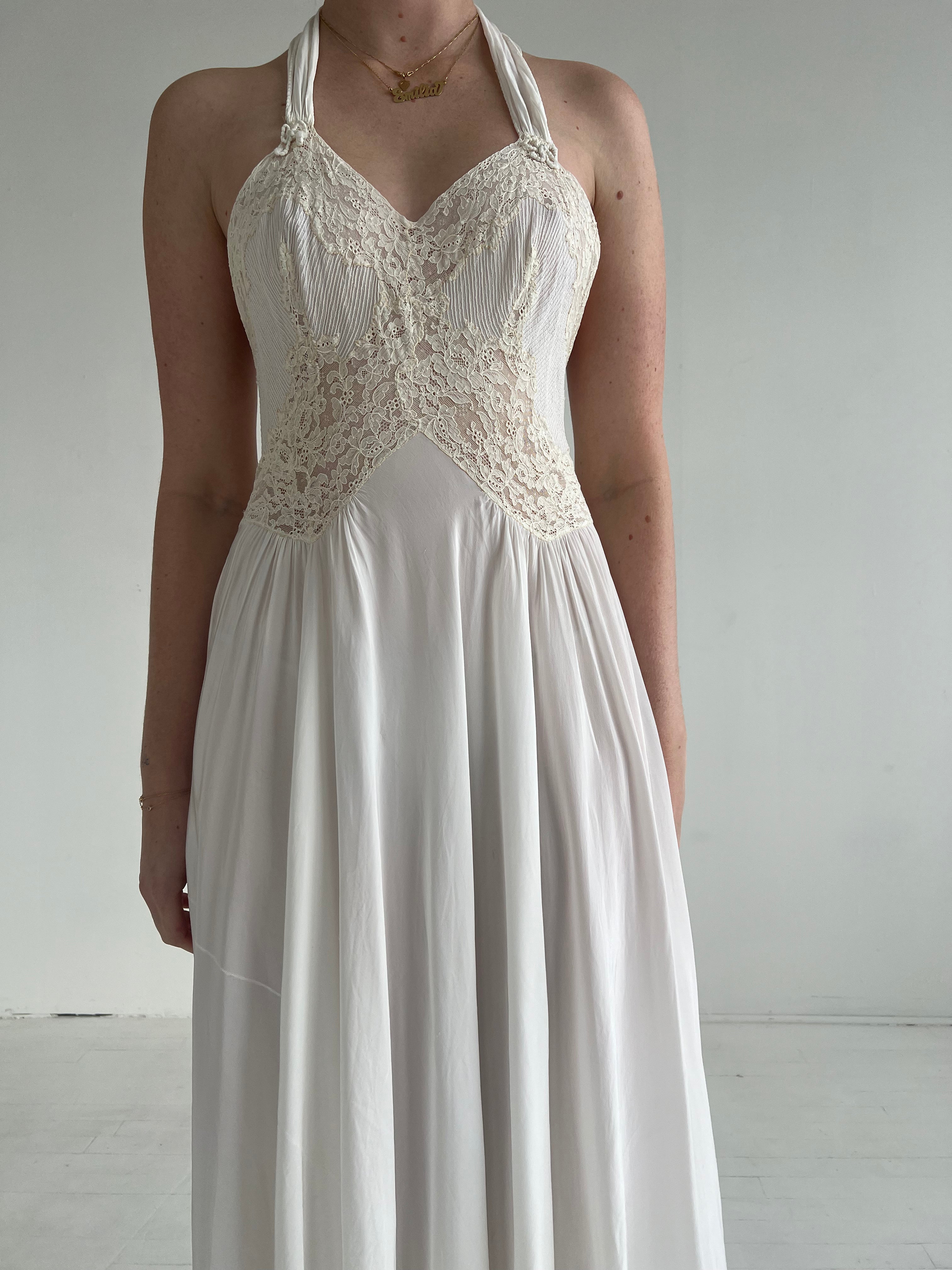 1930's Bridal White Halter Dress with Lace