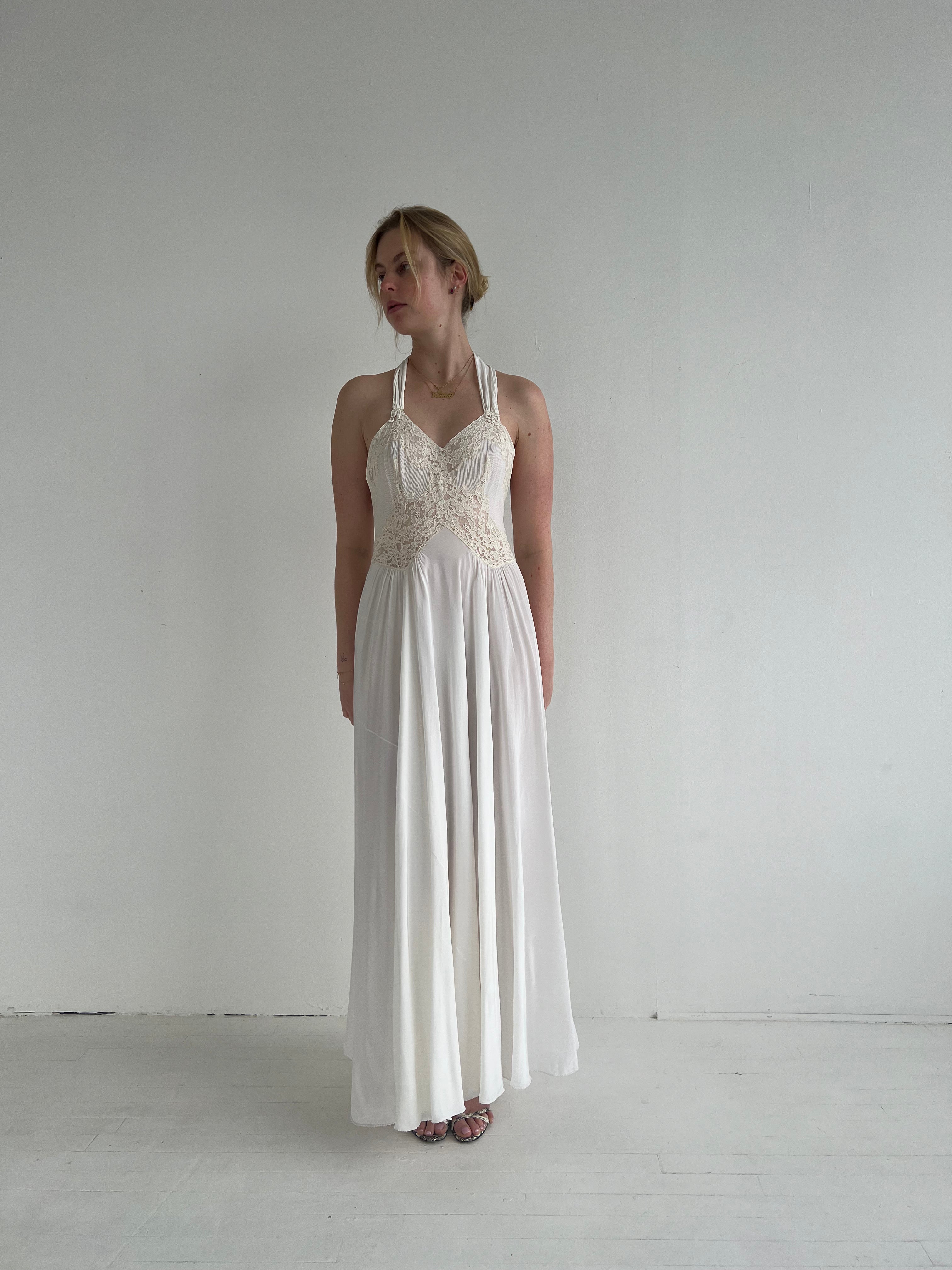 1930's Bridal White Halter Dress with Lace