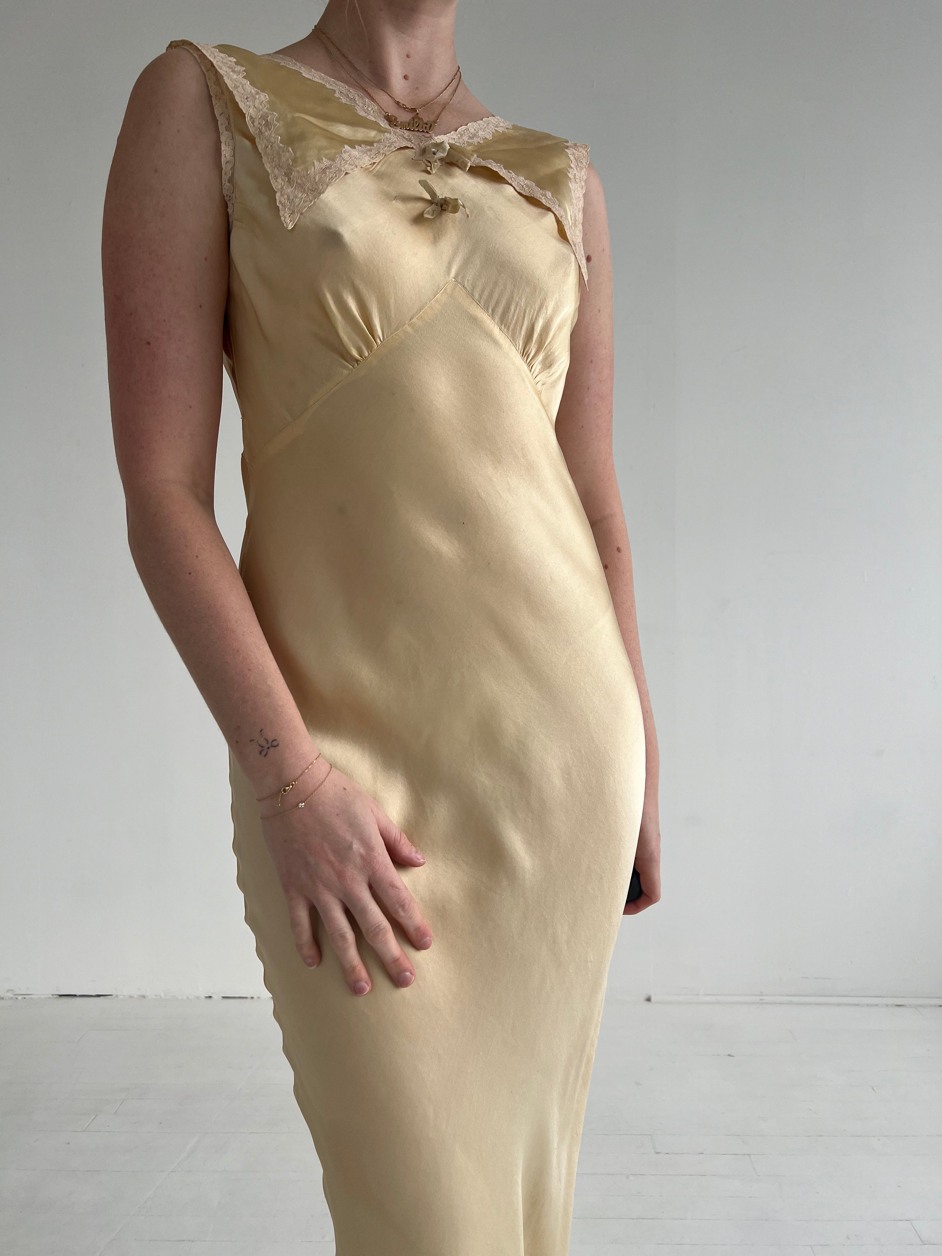 1930's Golden Yellow Silk Slip with Pink Lace