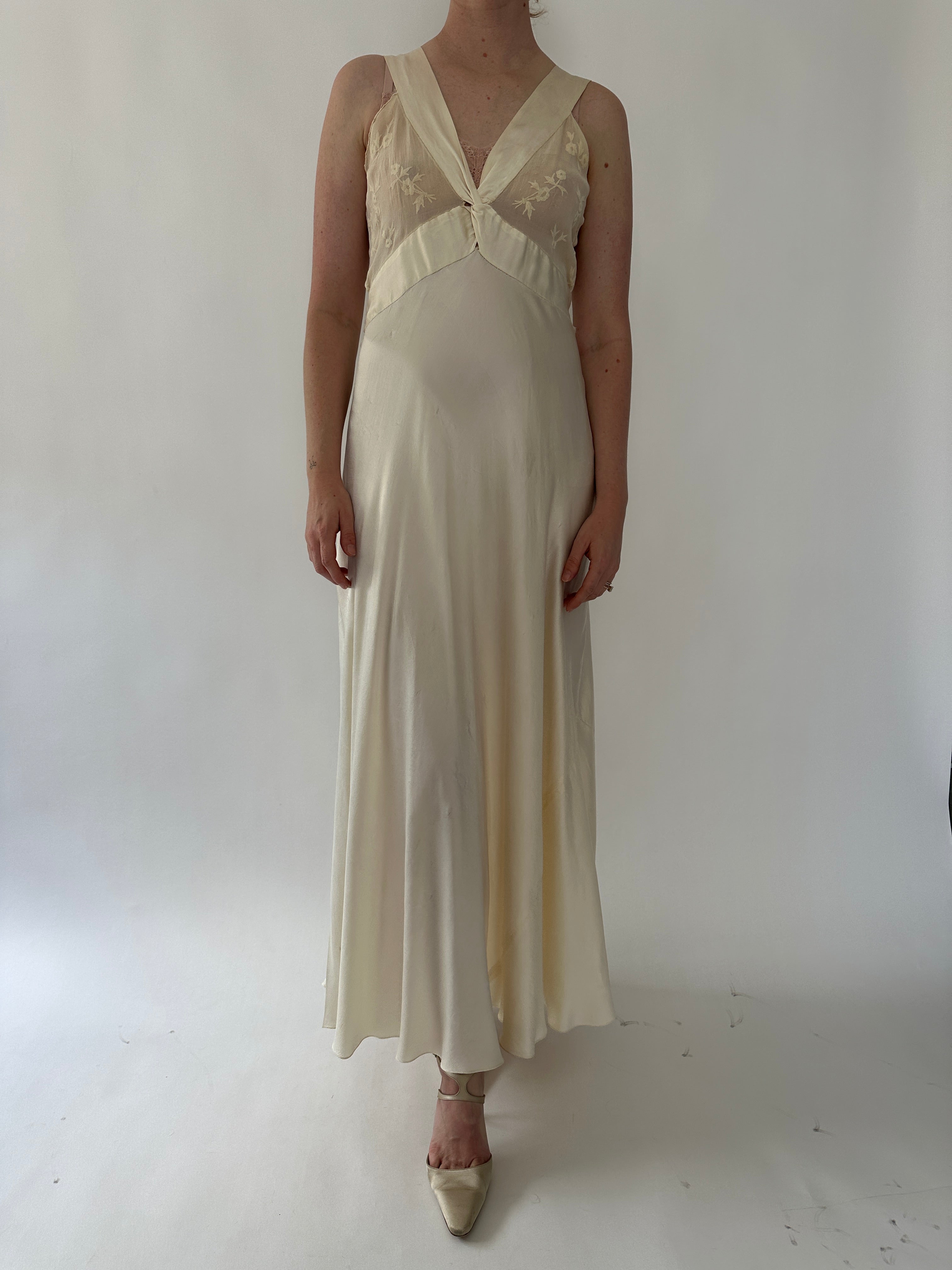 1930's Cream Silk Slip Dress with Embroidered Chiffon Bust 1930's Cream Silk Slip Dress with Embroidered Chiffon Bust