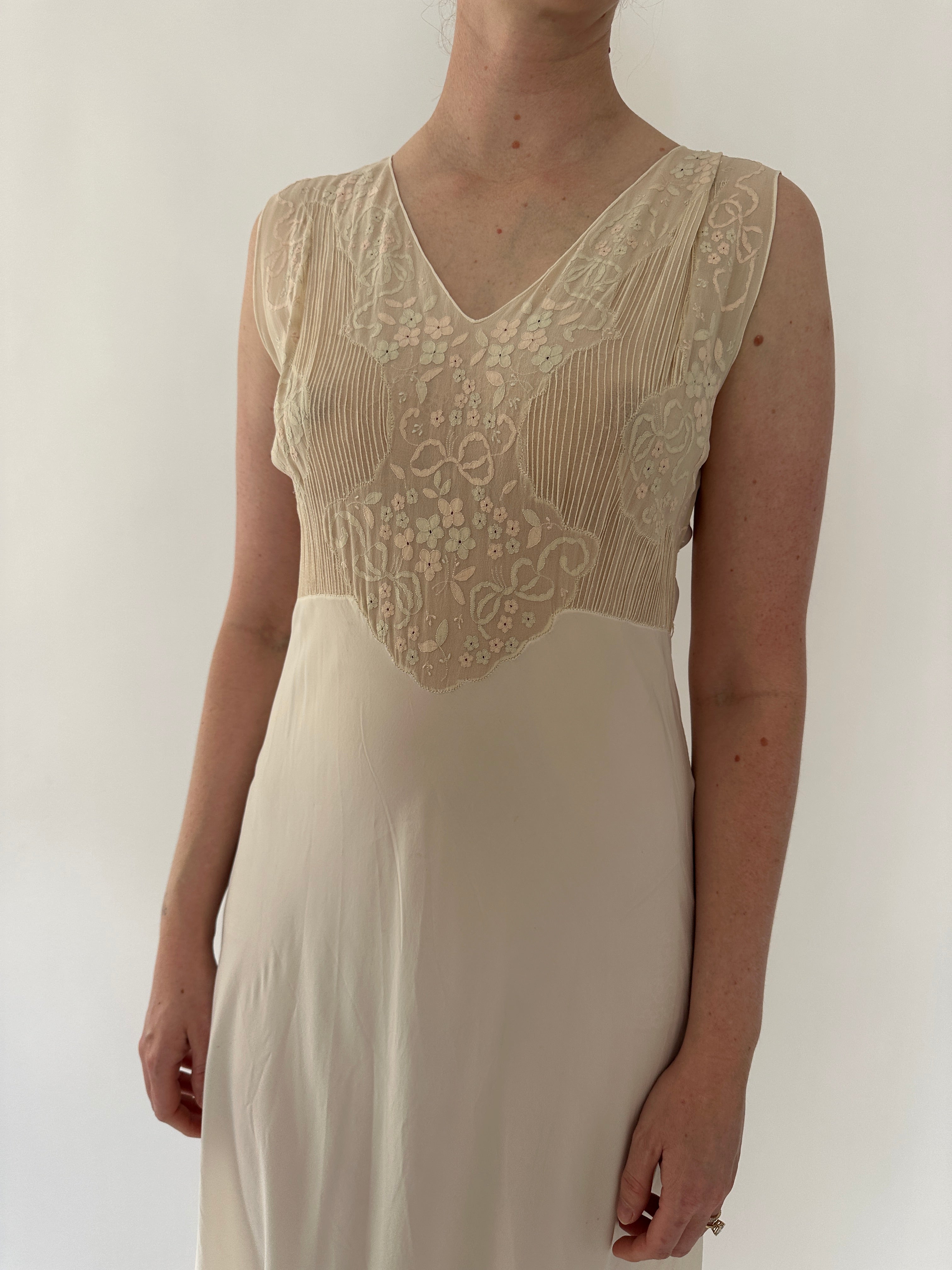 1930's Off White Silk Slip Dress with Pastel Floral and Ribbon Embroid –  Eveliina Vintage