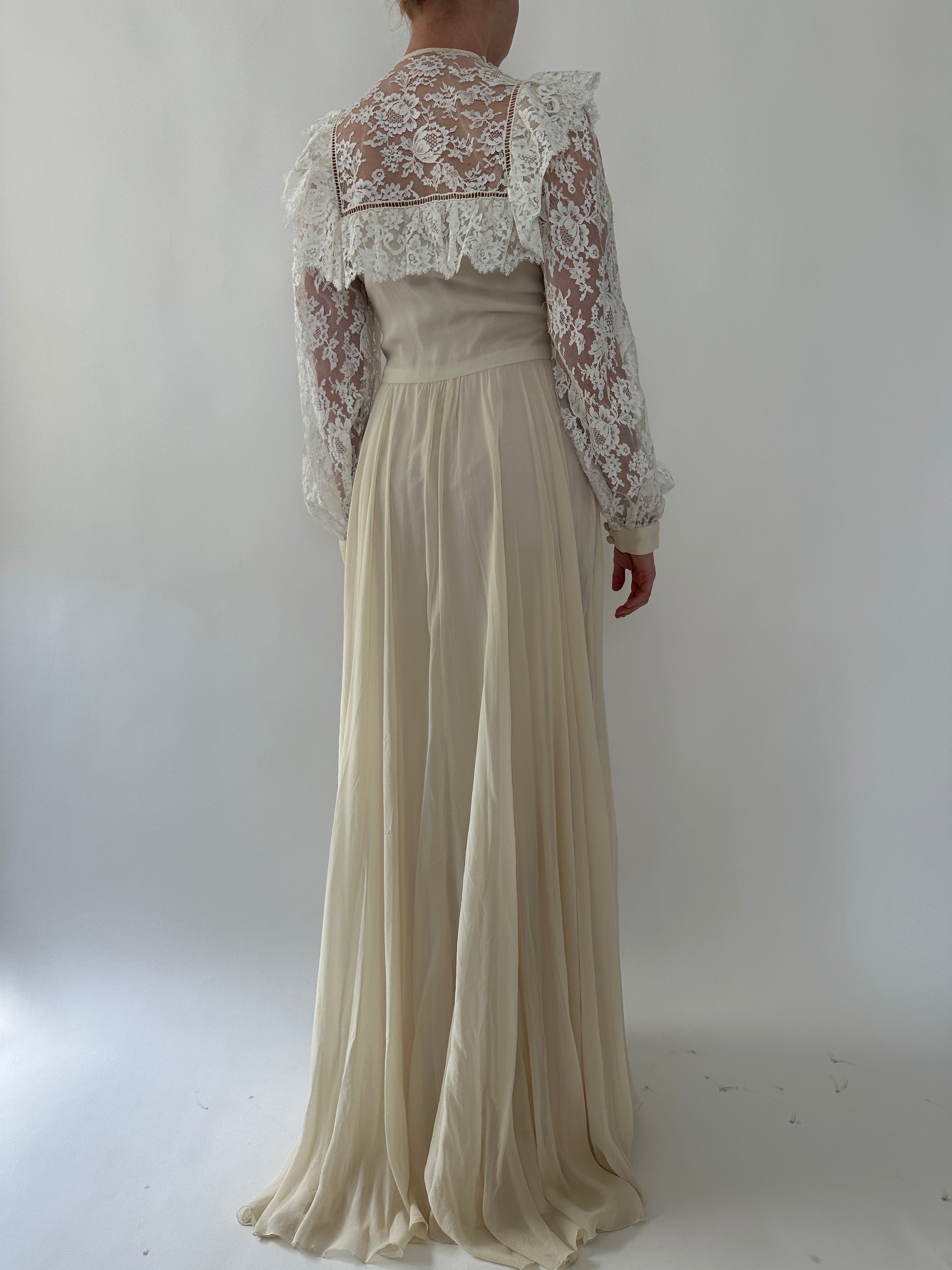 1970's Cream Silk Chiffon Gown With White Lace Bust and Sleeves  Eveliina  Vintage