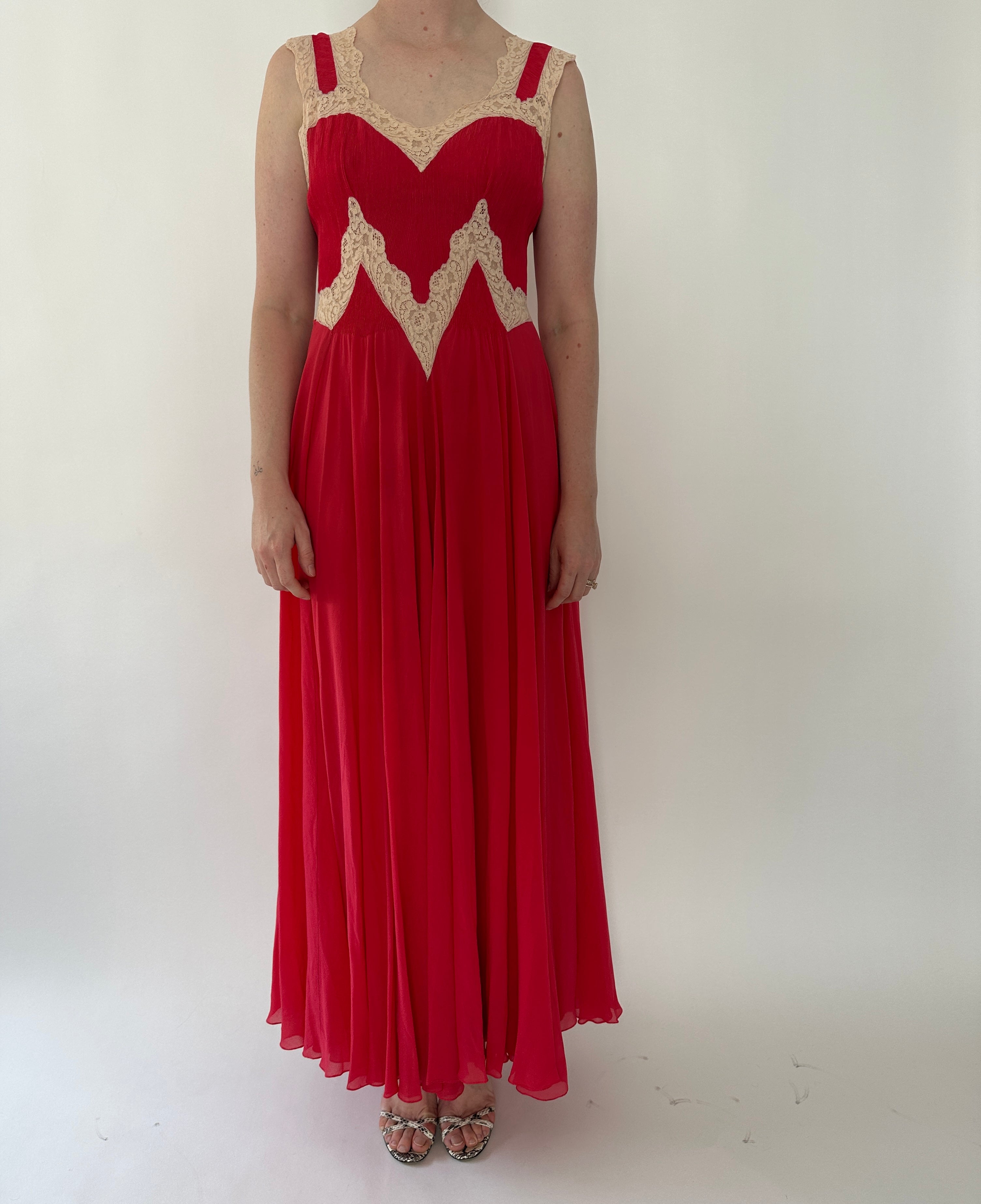 1930's Berry Red Silk Chiffon Slip Dress with Cream Lace – Eveliina Vintage