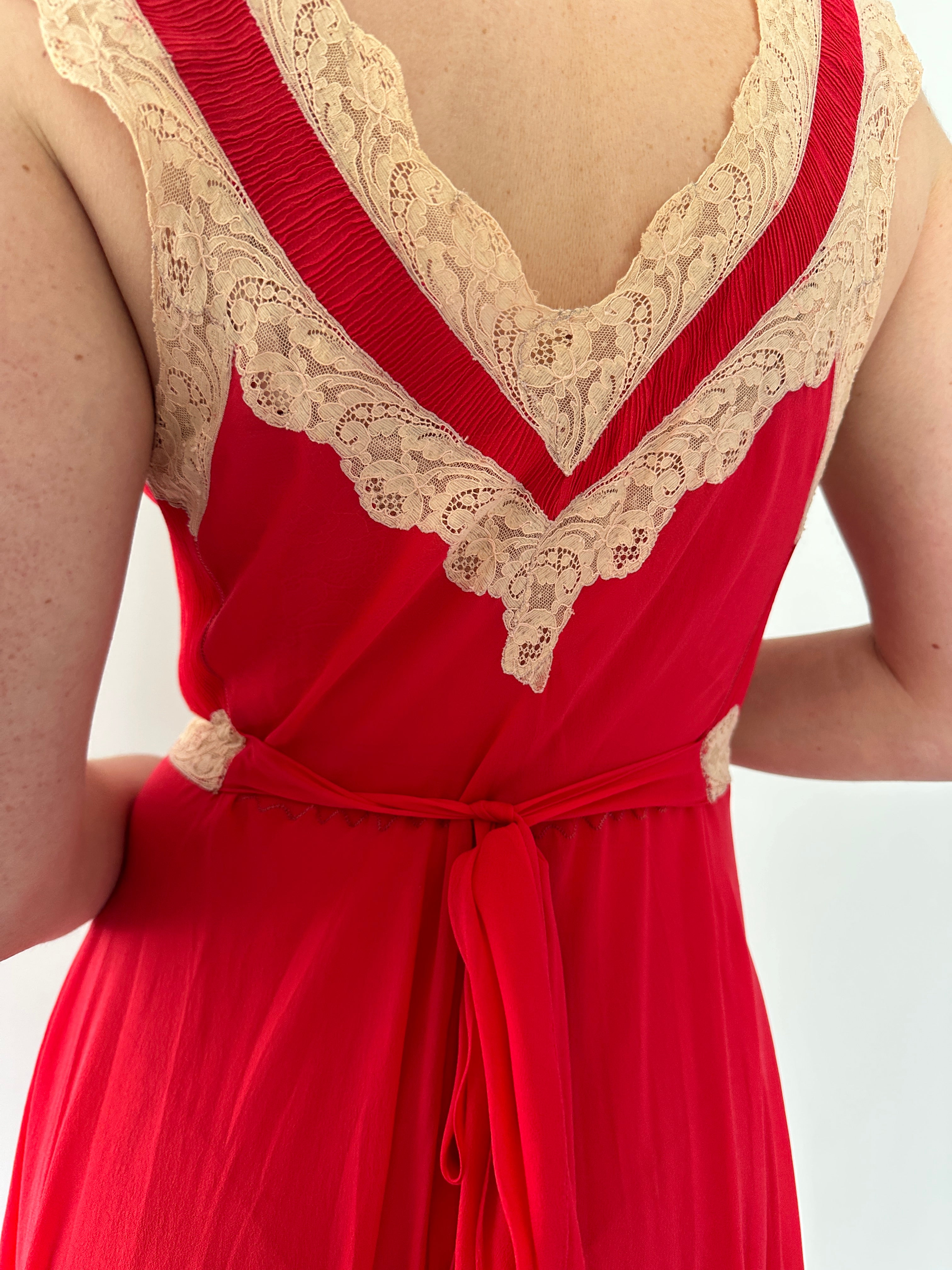 1930's Berry Red Silk Chiffon Slip Dress with Cream Lace  Eveliina Vintage
