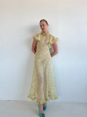1930's Multicolor Embroidered Polka Dot Organza Gown