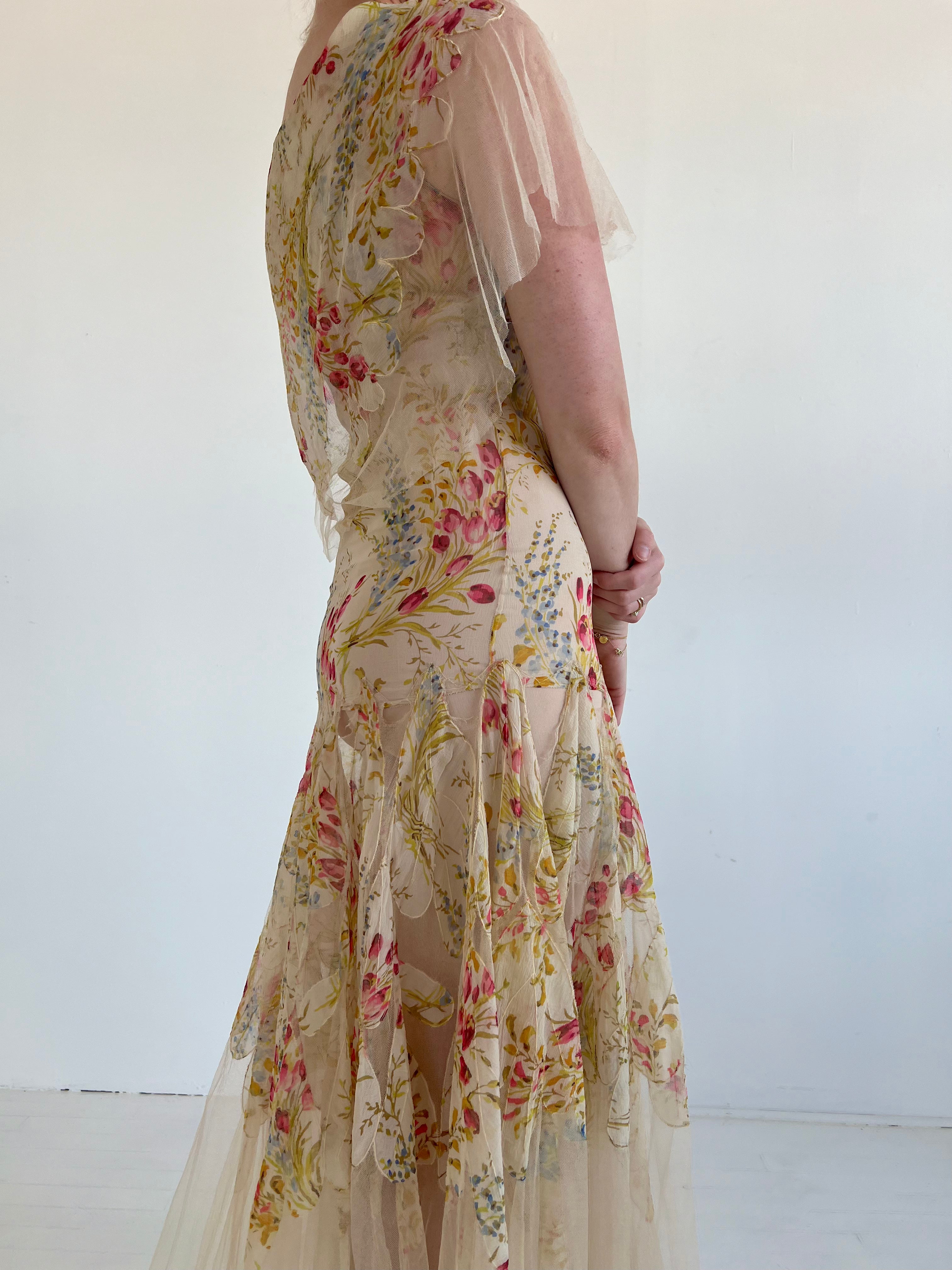 vintage style chiffon dress Botanical Floral Chiffon Dress Vintage Fairytale Pink / M