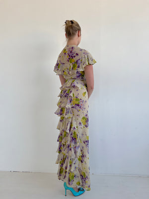 1930's Purple and Green Floral Gown with Matching Jacket