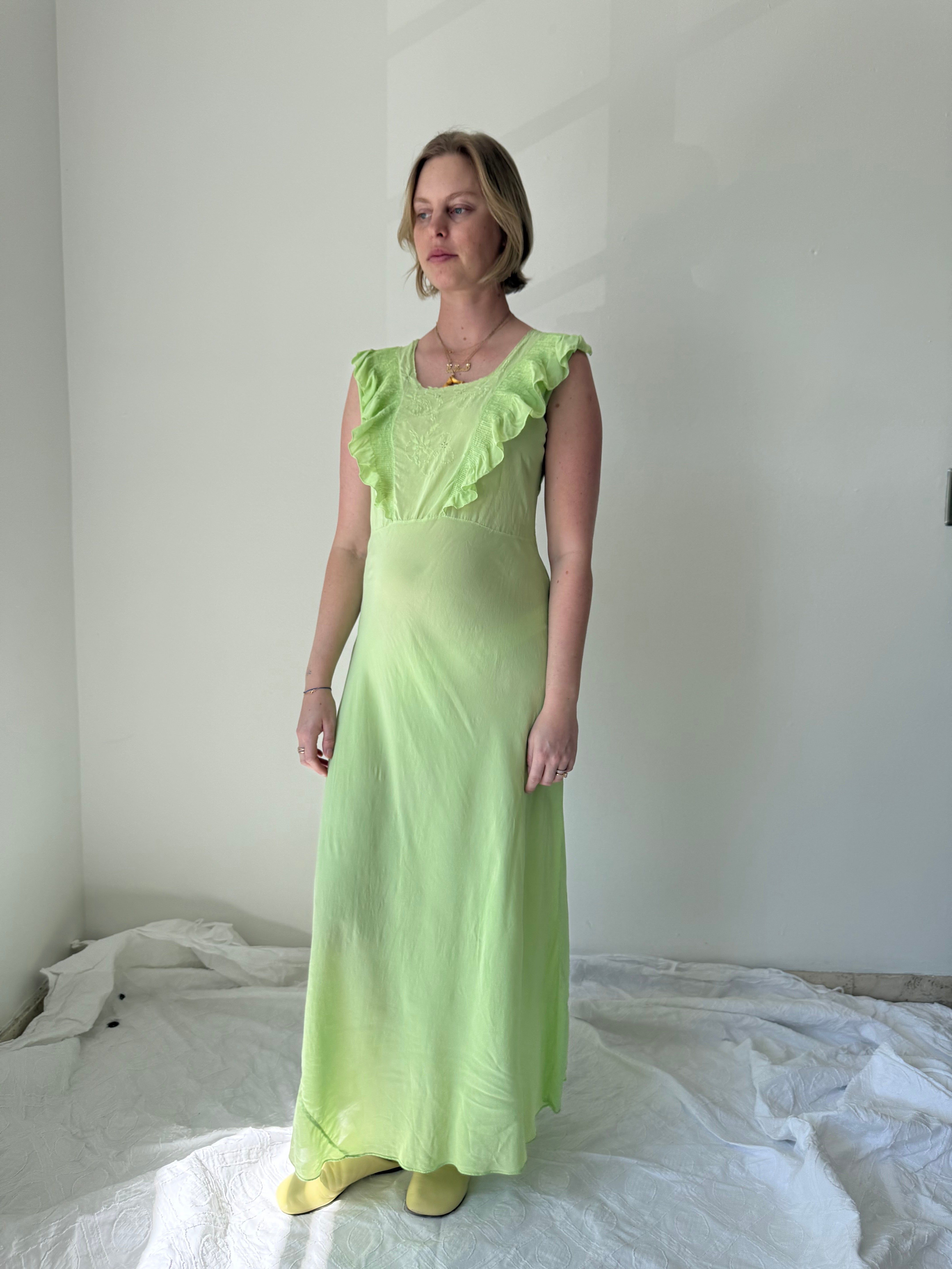 Hand Dyed Light Green Silk Slip with Embroidery and Ruffles Eveliina Vintage Hand Dyed Light Green Silk Slip with Embroidery and Ruffles Eveliina Vintage