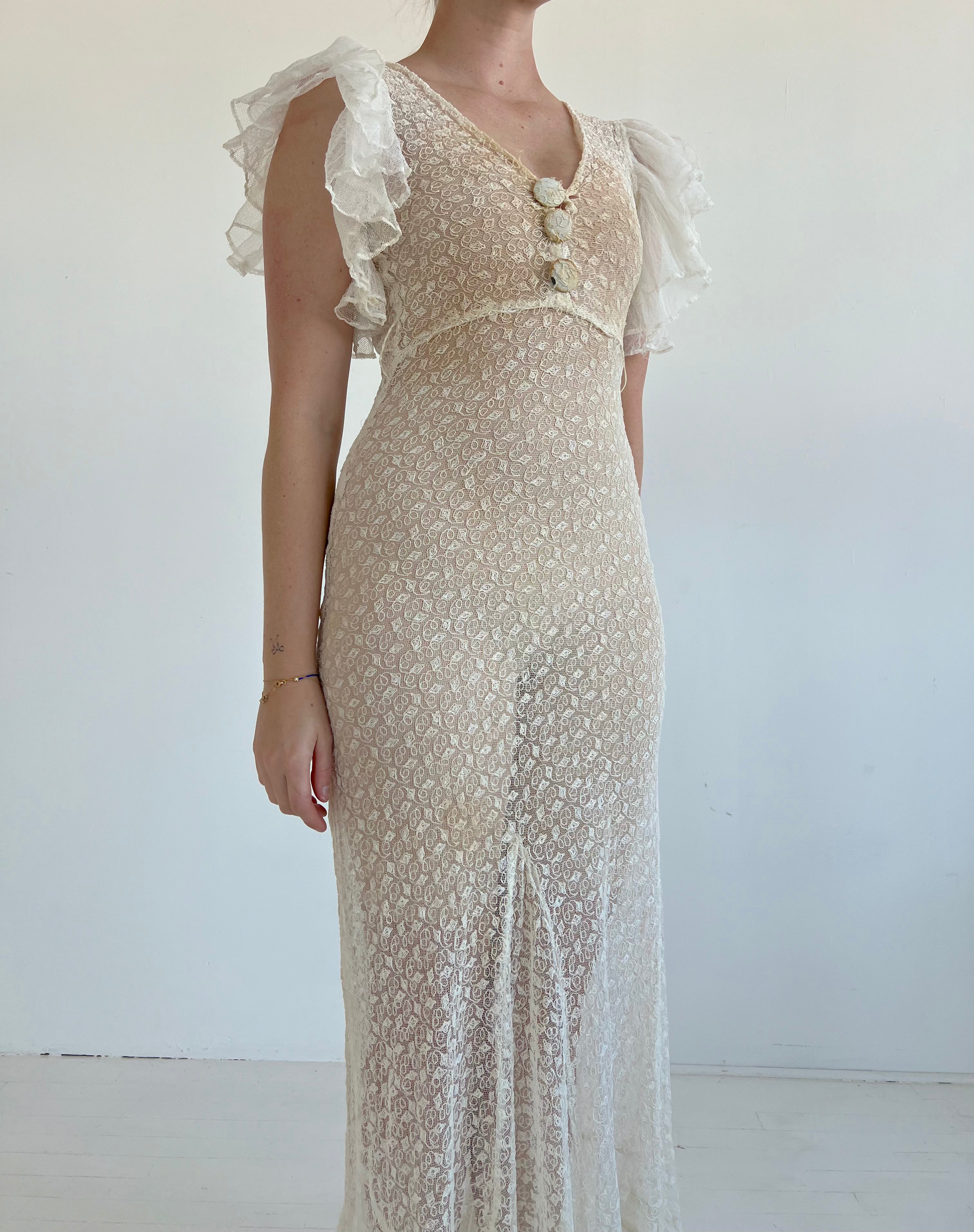 1930's White Lace Dress with Net Ruffle Eveliina Vintage 1930's White Lace Dress with Net Ruffle Eveliina Vintage