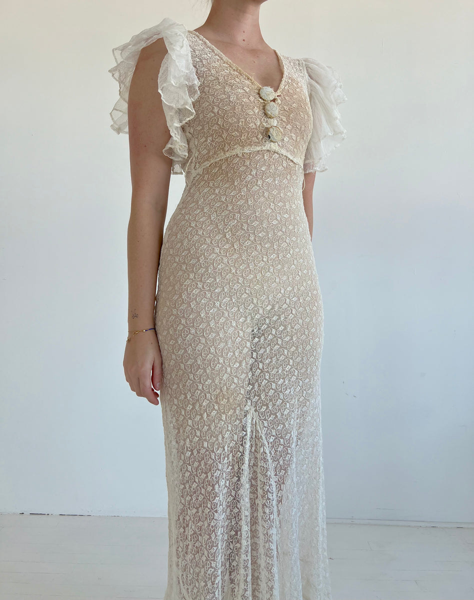 1930's White Lace Dress with Net Ruffle – Eveliina Vintage