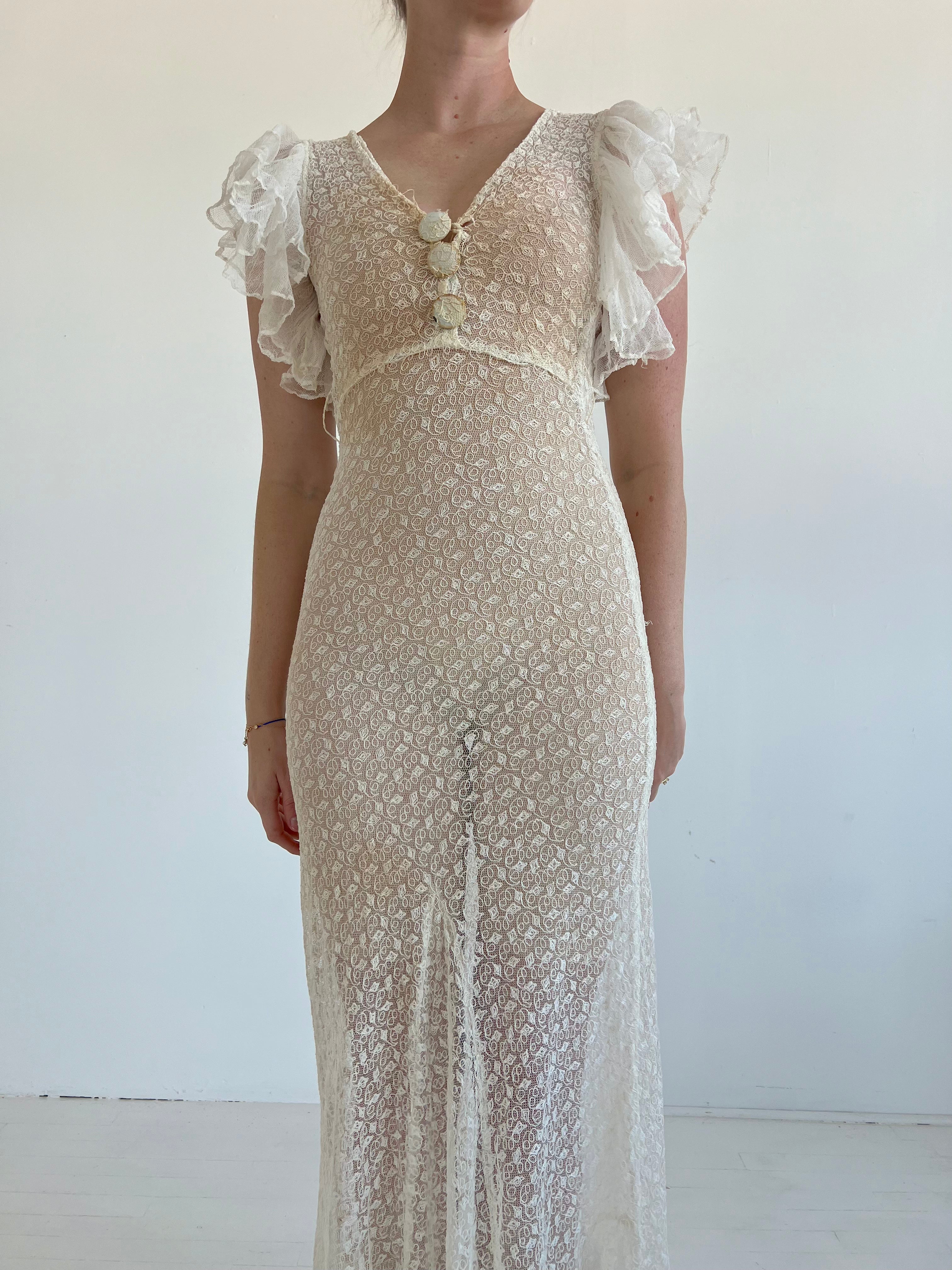 1930's White Lace Dress with Net Ruffle Eveliina Vintage 1930's White Lace Dress with Net Ruffle Eveliina Vintage
