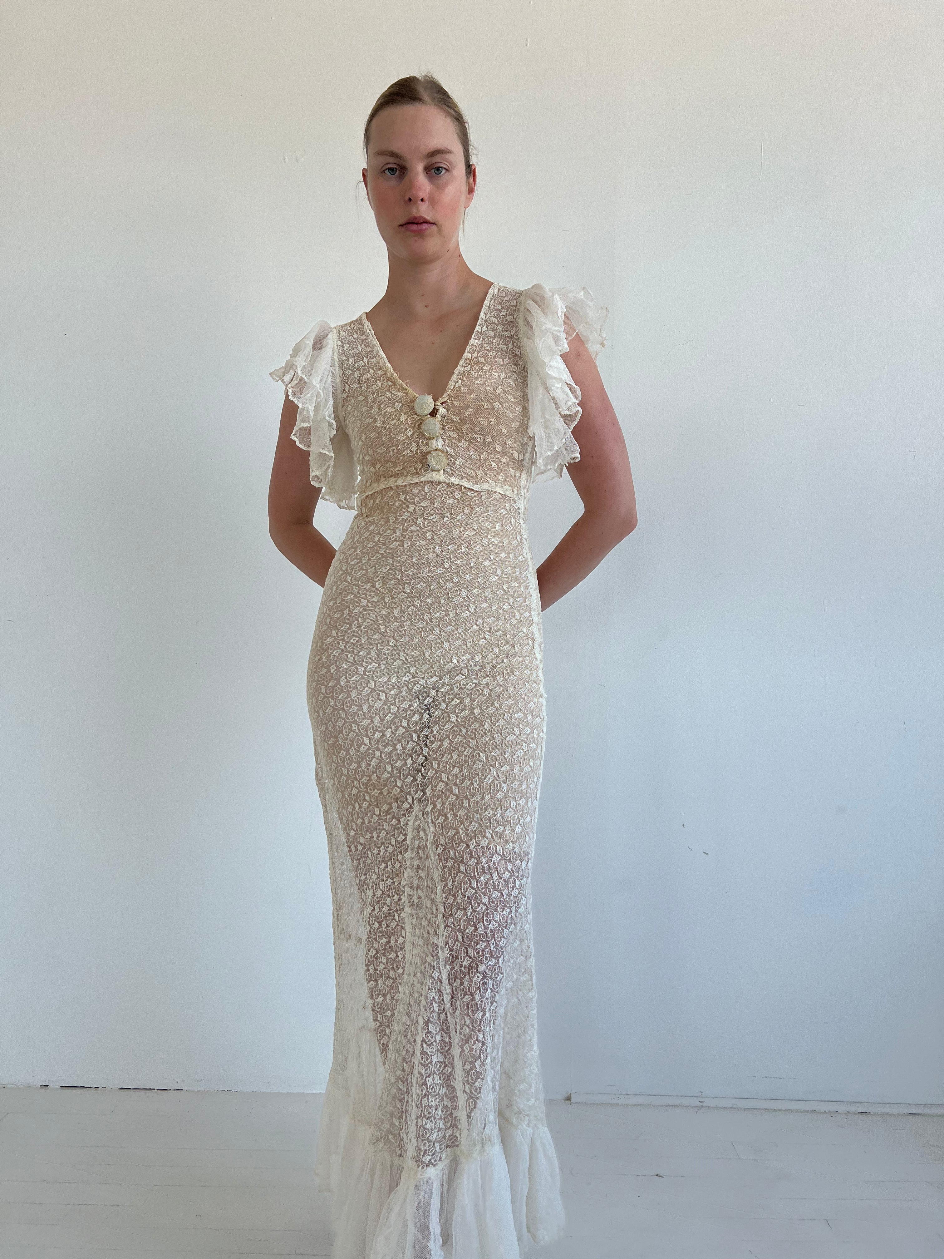 1930's White Lace Dress with Net Ruffle Eveliina Vintage 1930's White Lace Dress with Net Ruffle Eveliina Vintage