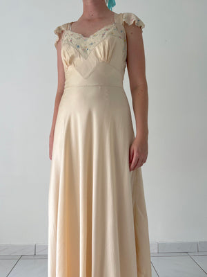 Handmade 1930's Pale Peach Slip Dress with Multicolor Embroidery