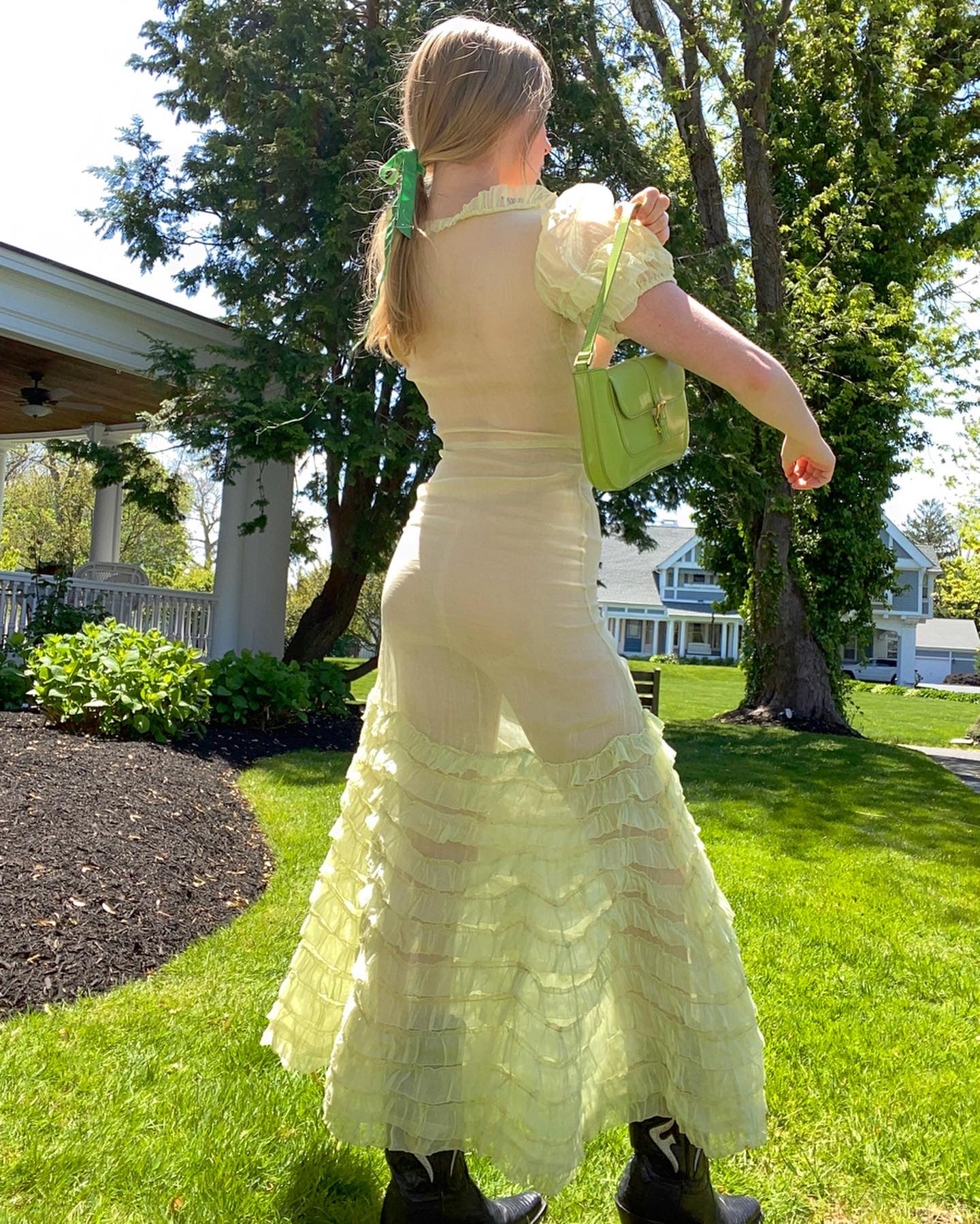 Green Organza Dress With Ruffles and Puffed Sleeves