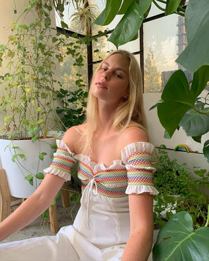 White 70's Off The Shoulder Rainbow Dress