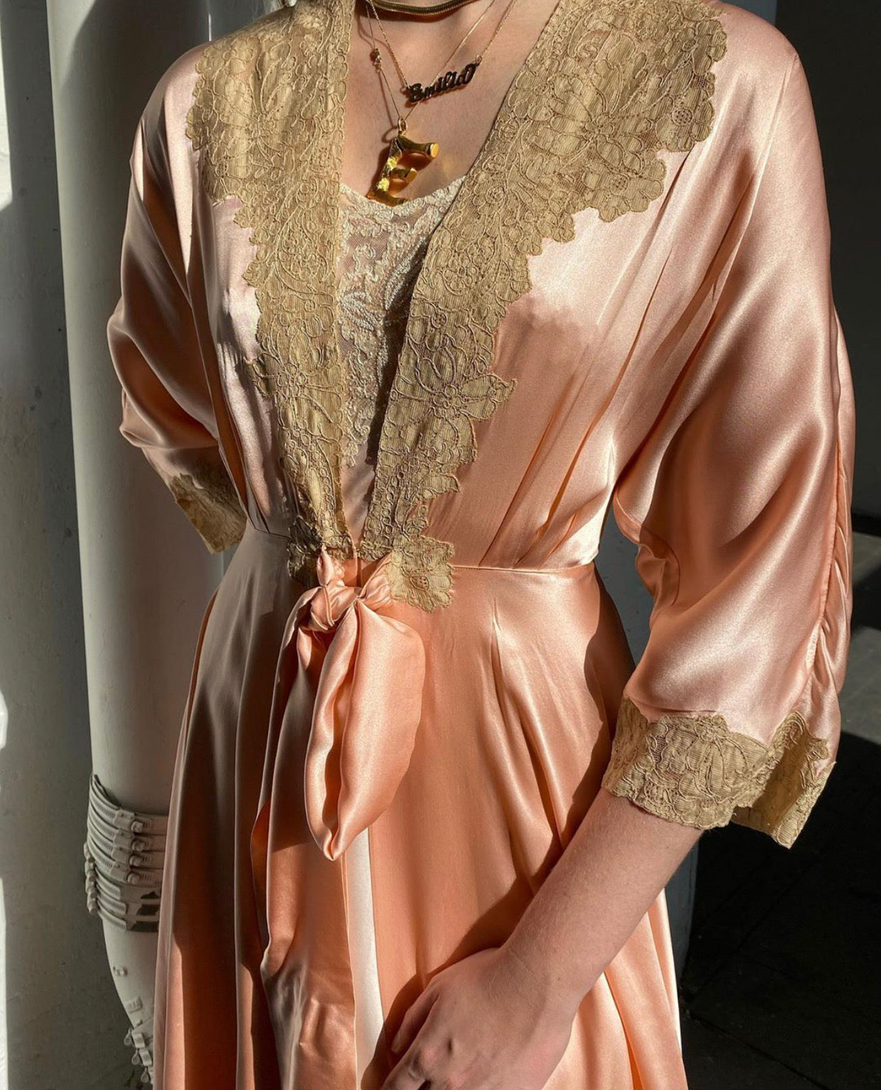 Peach Pink Silk Robe with Lace