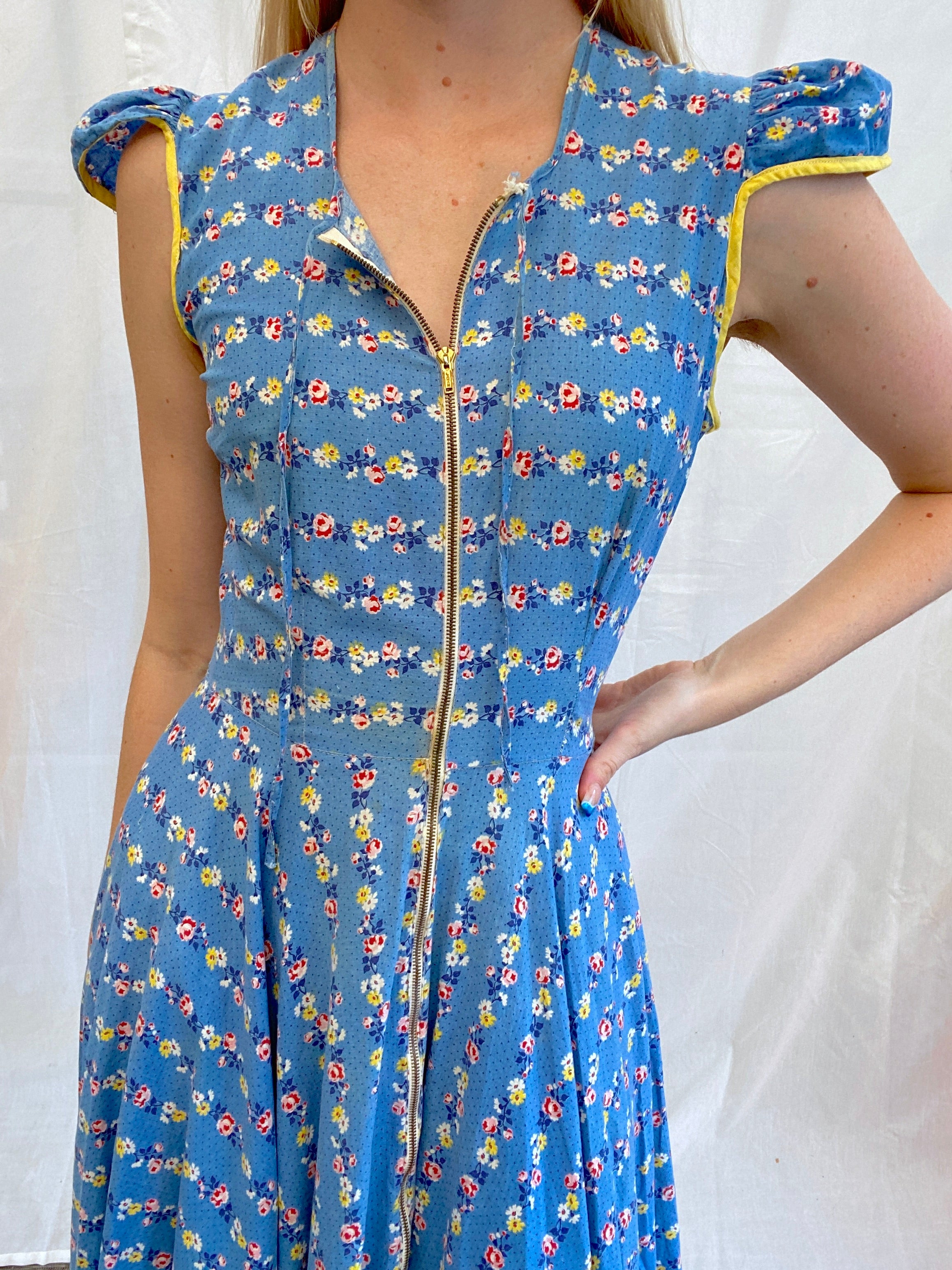 1940's Blue Cotton House Dress with Floral And Polka Dot Print