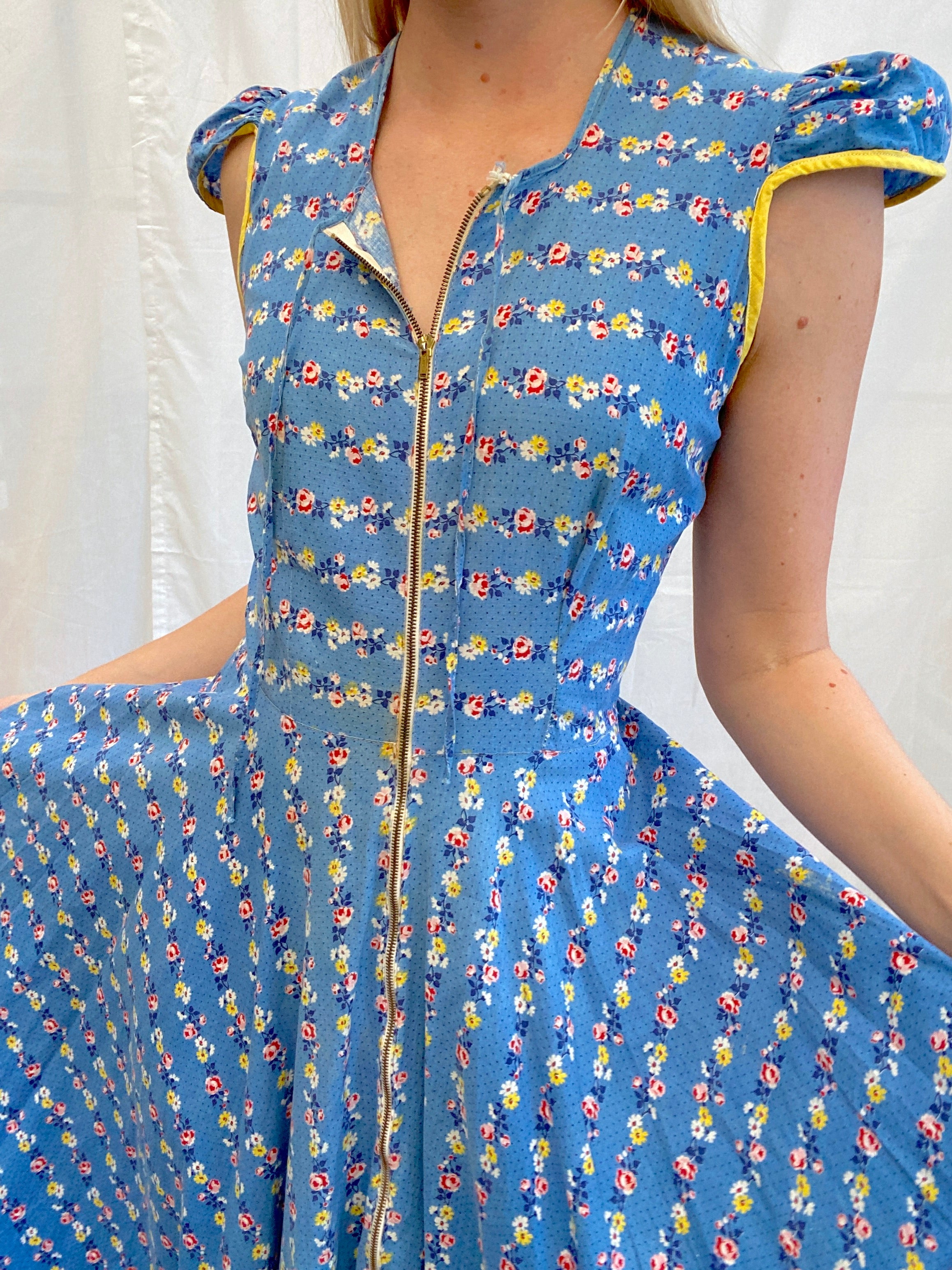 1940's Blue Cotton House Dress with Floral And Polka Dot Print