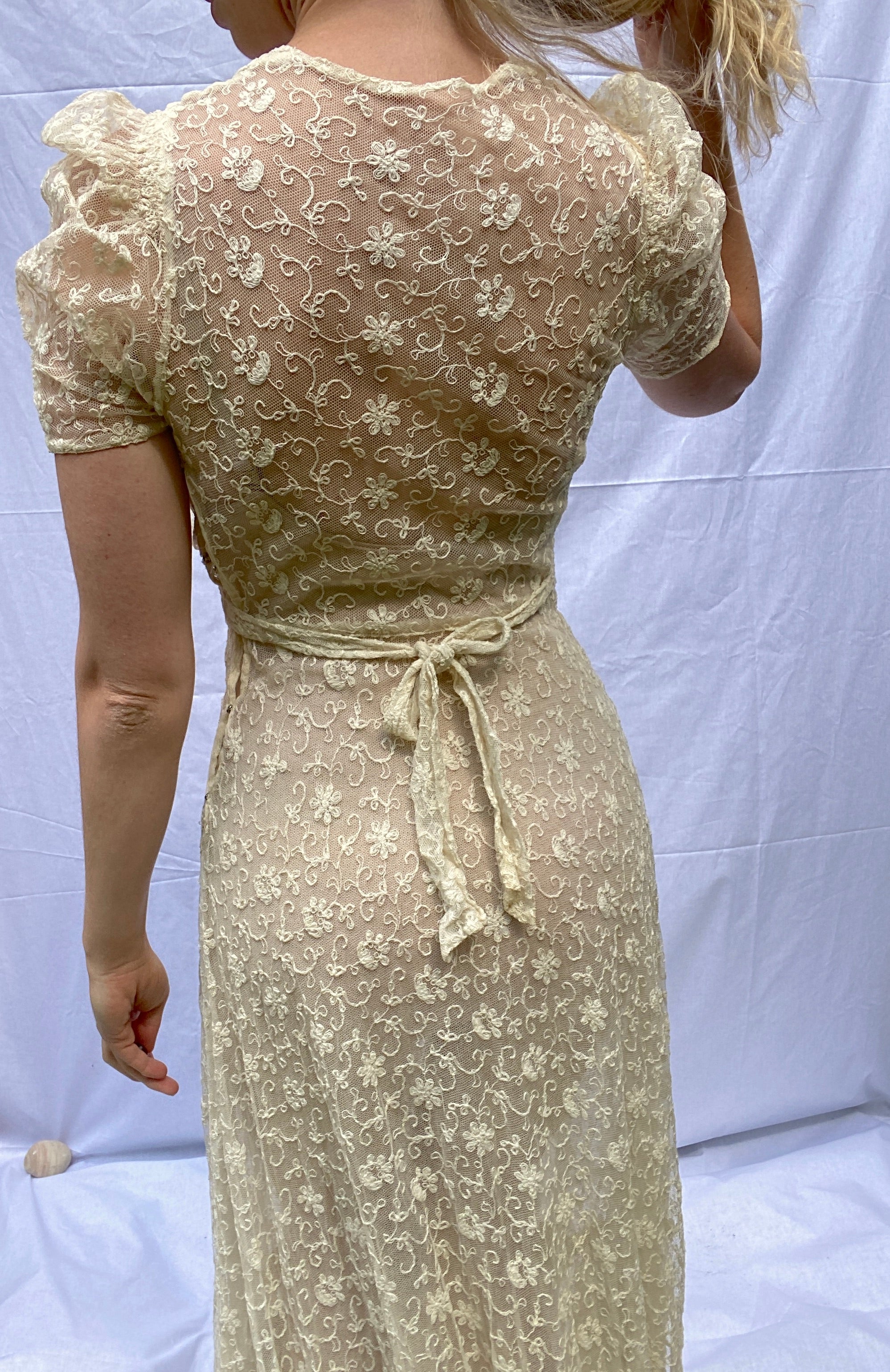 1940's Embroidered Cream Cotton Net Summer Party Dress