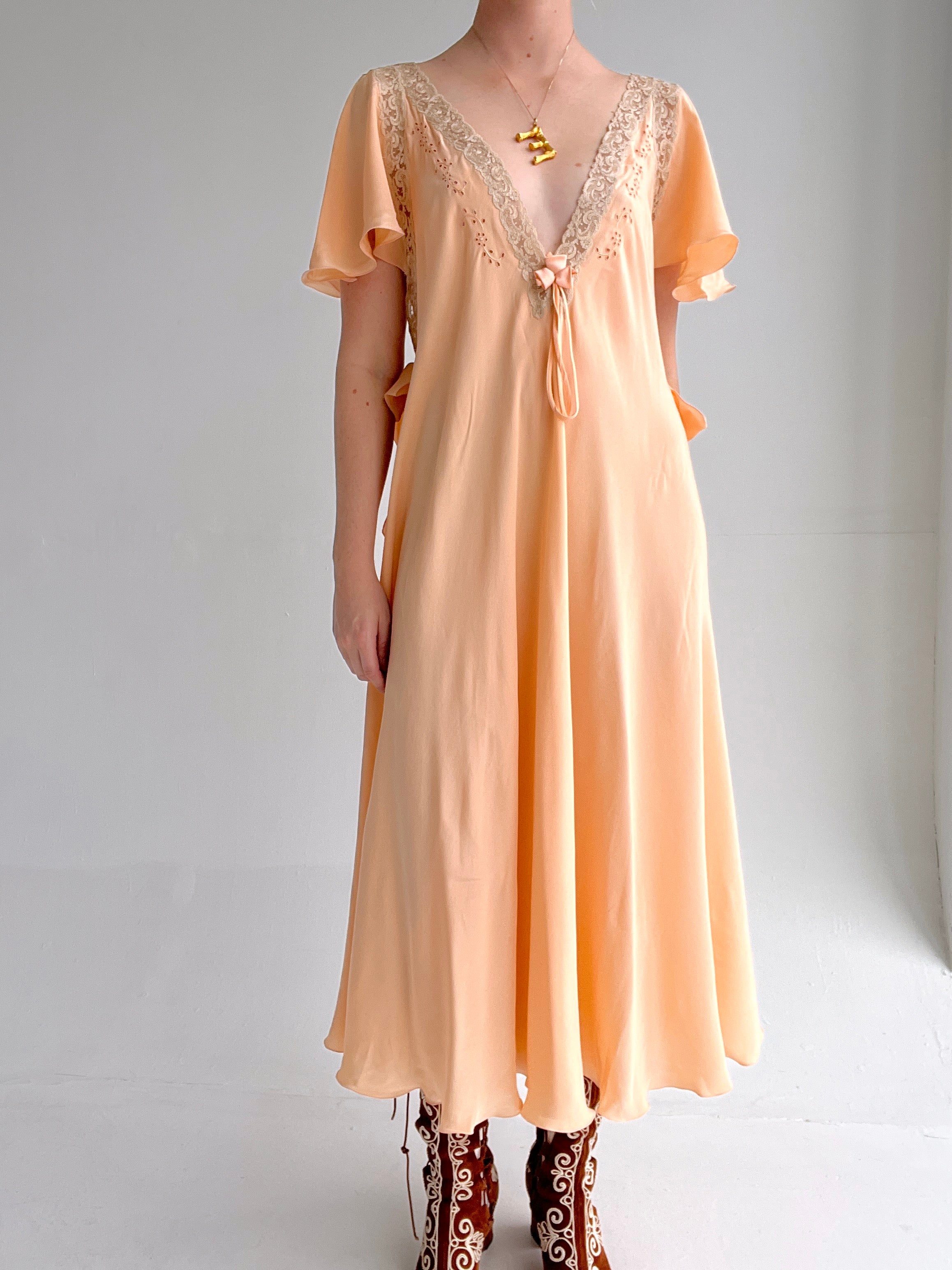 1930's Peach Silk Dress with Cream Lace