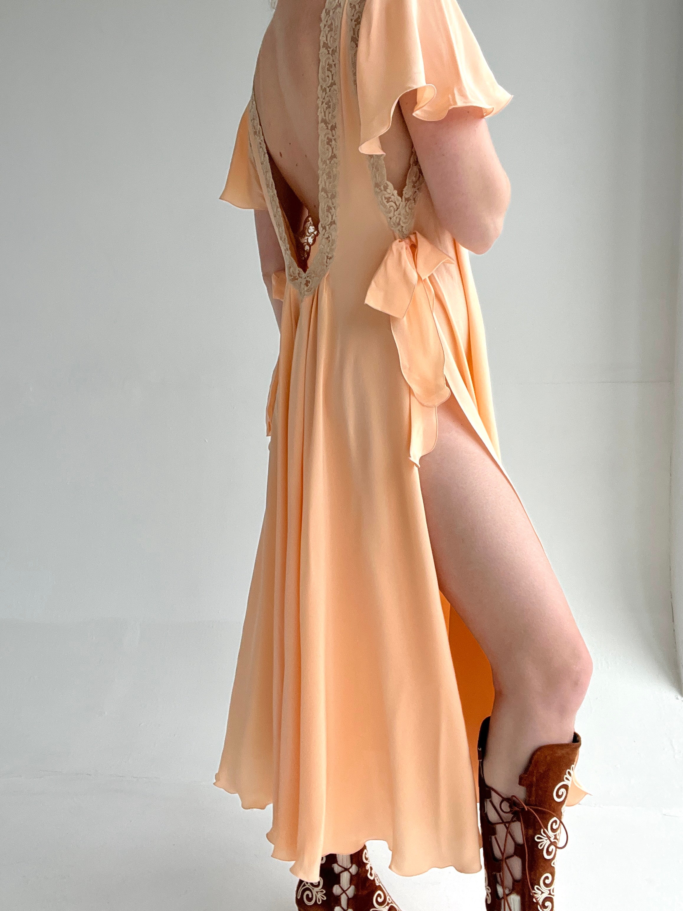 1930's Peach Silk Dress with Cream Lace