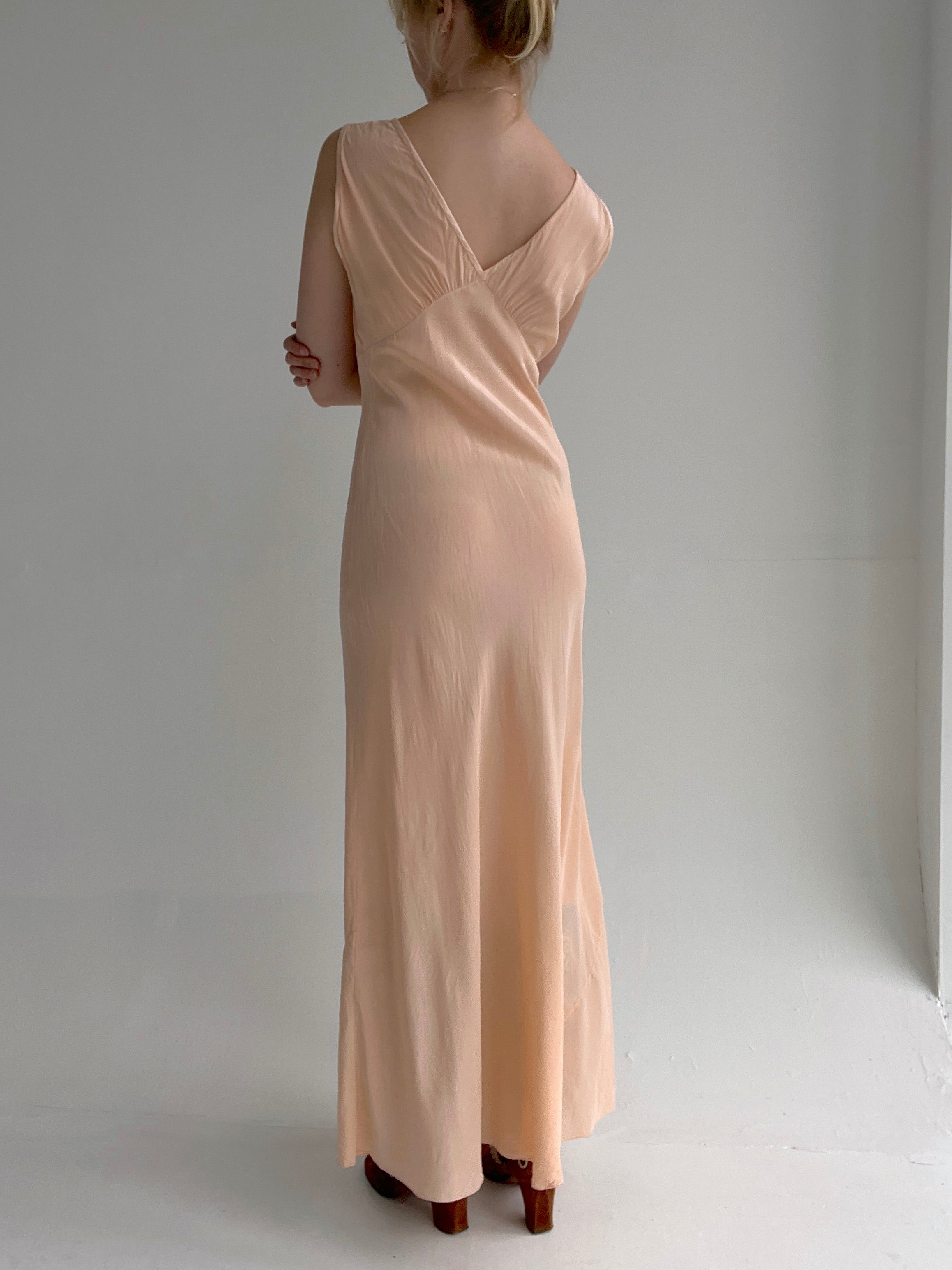1930's Peach Silk Slip with Bow Embroidery
