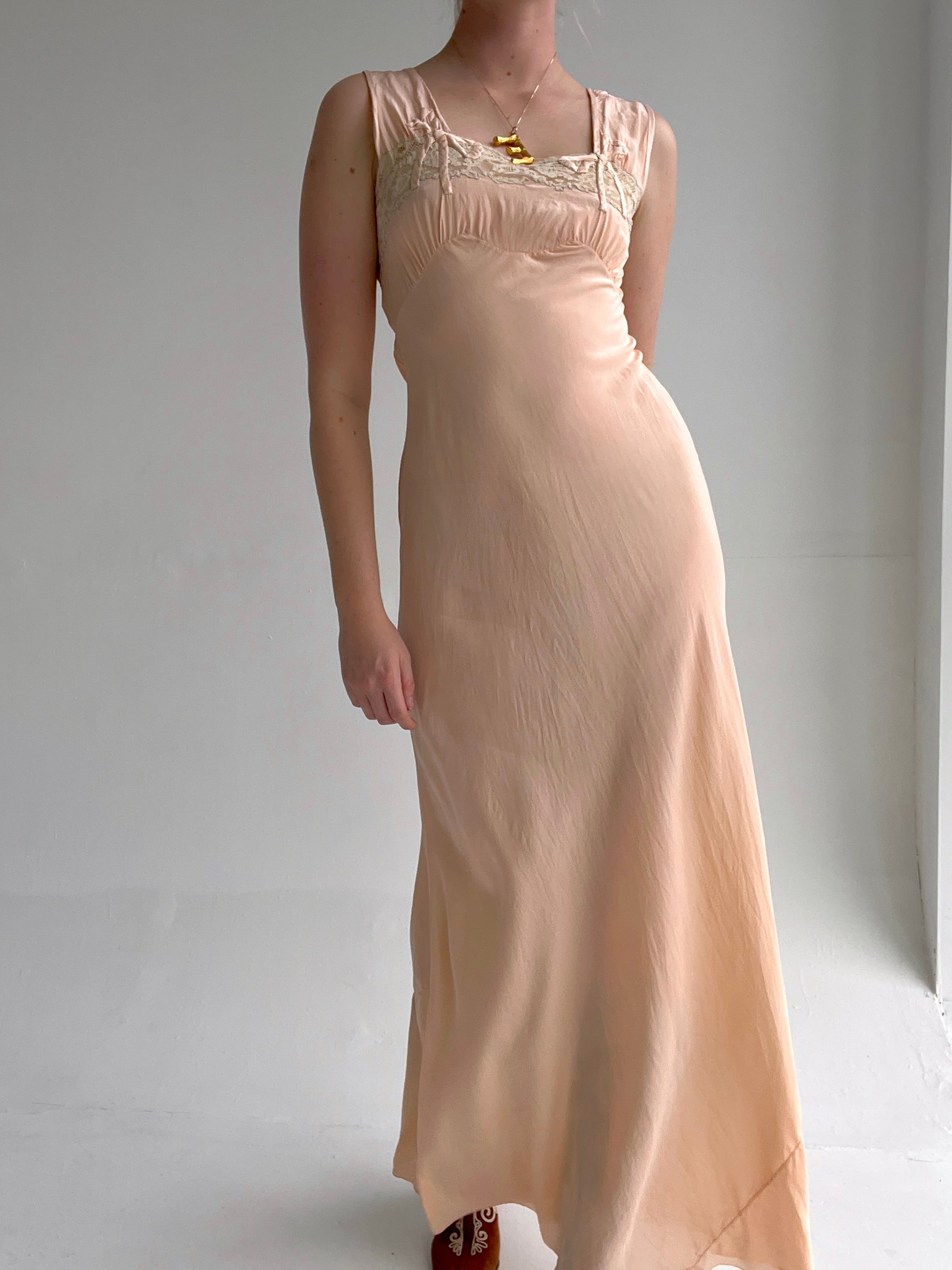 1930's Peach Silk Slip with Bow Embroidery